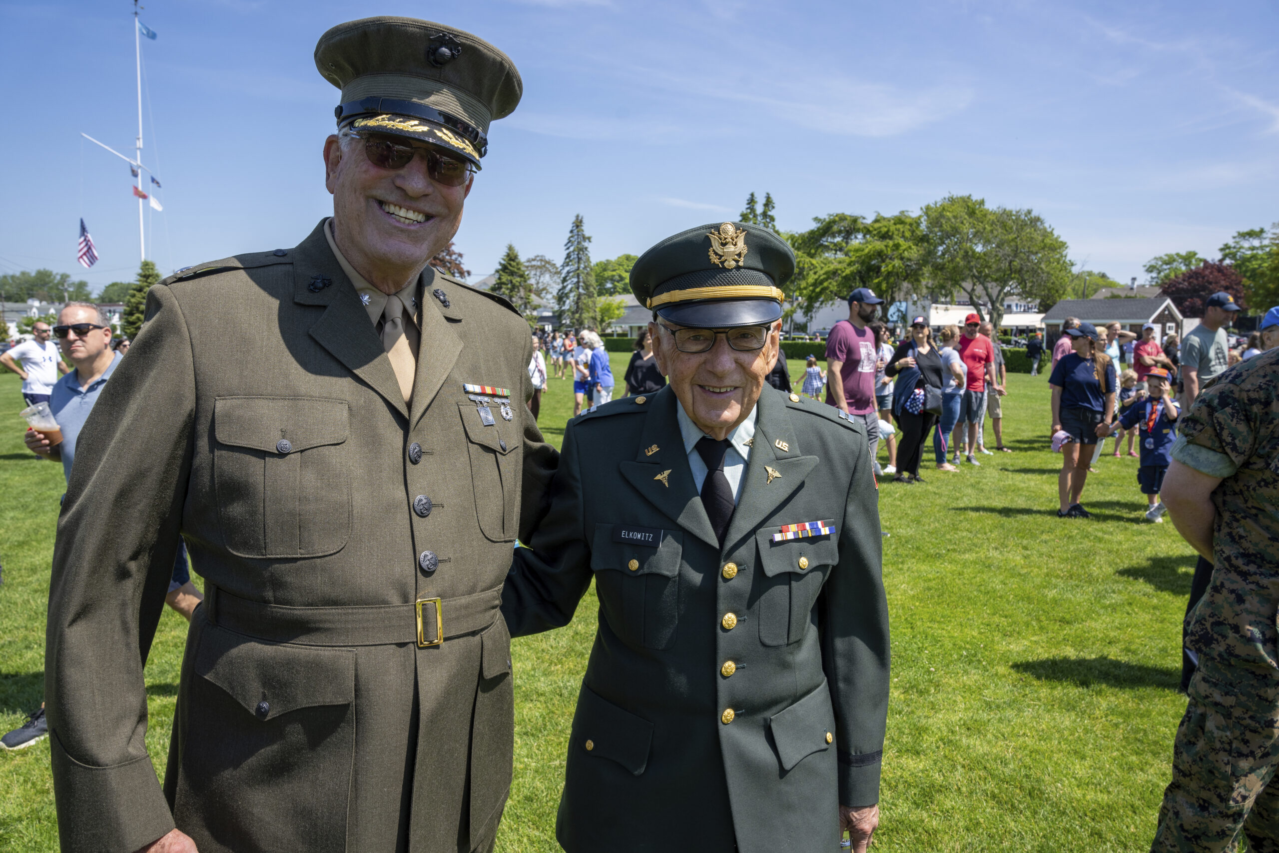 Marty Gilmartin and Lloyd Elkowit at the memorial Day service in Agawam Park on Monday.  RON ESPOSITO