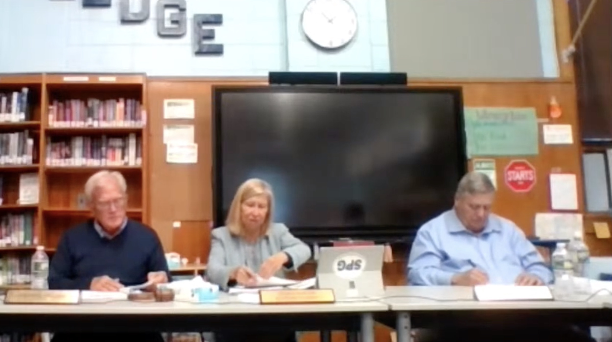 Springs School Board of Education Vice President Tim Frazier, Superintendent Debra Winter and School Business Administrator Michael Henery at the May 24 meeting.