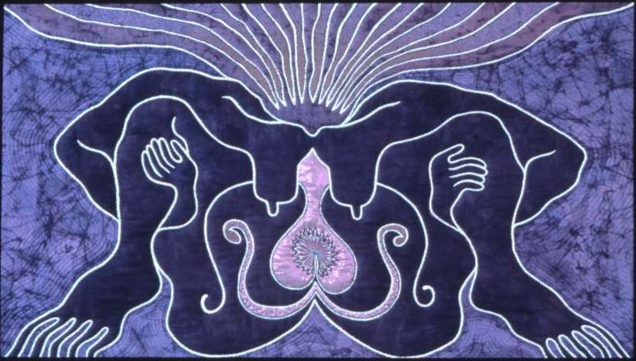 Judy Chicago, Dianne Barber and Helen Cohen, The Crowning (Quilt 4/9) Birth Project, 1982. Quilting and embroidery over drawing on Baltic fabric, 35 ½ x 50 ½ x 1 ¾ in. C/O THROUGH THE FLOWER, BELEN, NM, AND JESSICA SILVERMAN