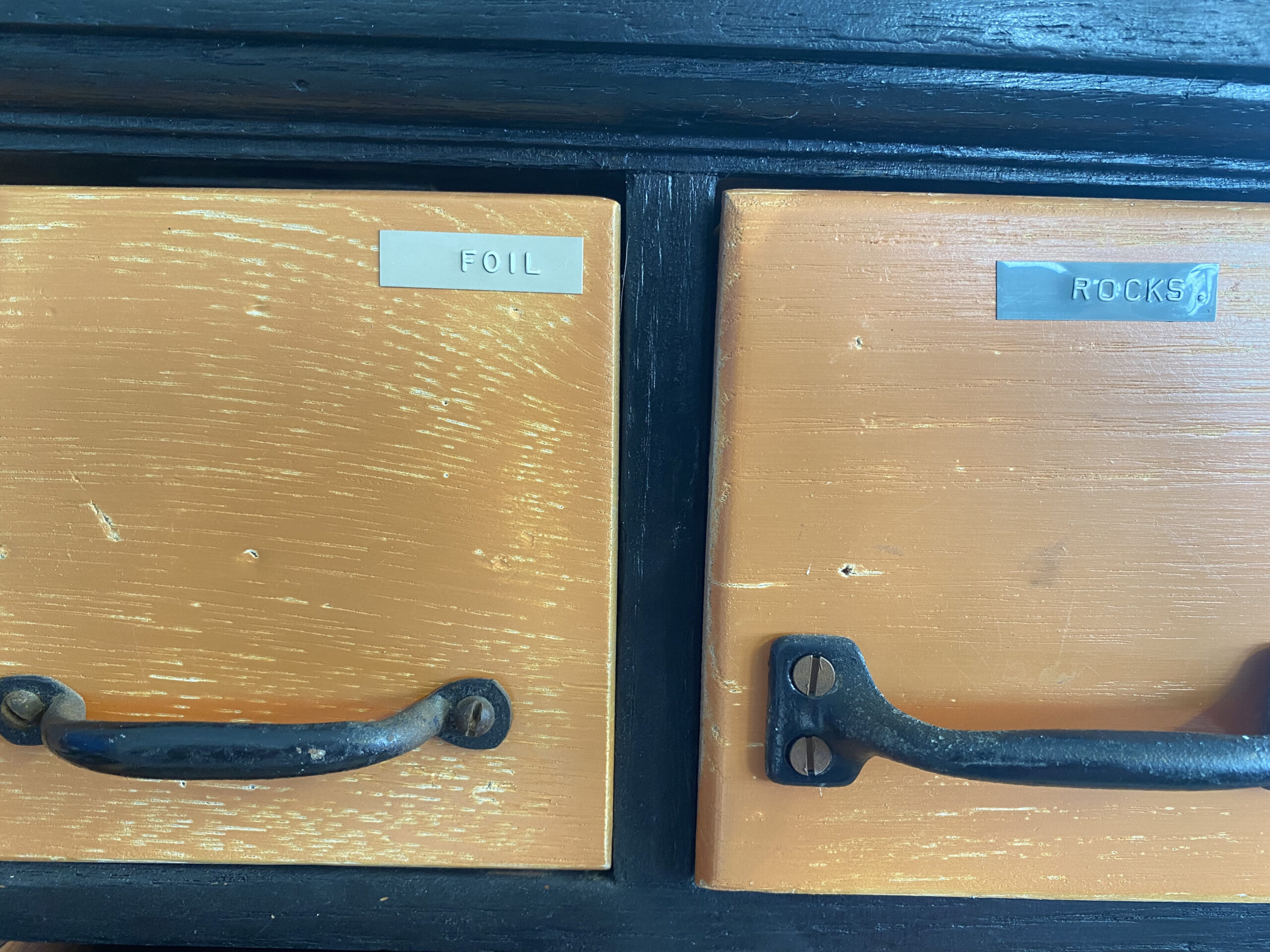 A converted Dewey Decimal library card catalog Mabel used to organize found objects.