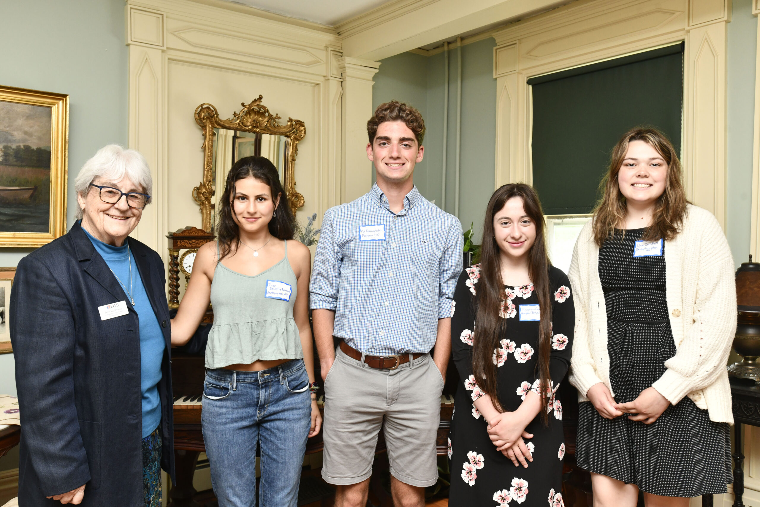 The Southampton Colony Chapter of the Daughters of the American Revolution recently presented their scholarships to local high school seniors. Gerri MacWhinnie, far left of the Southampton Colony chapter with student recipients, Inez DeCastro Barros, Southampton High School; PJ Ramundo, Pierson High School; Kristina Georges, Hampton Bays High School and Uma Comfort, Bridgehampton High School.    DANA SHAW