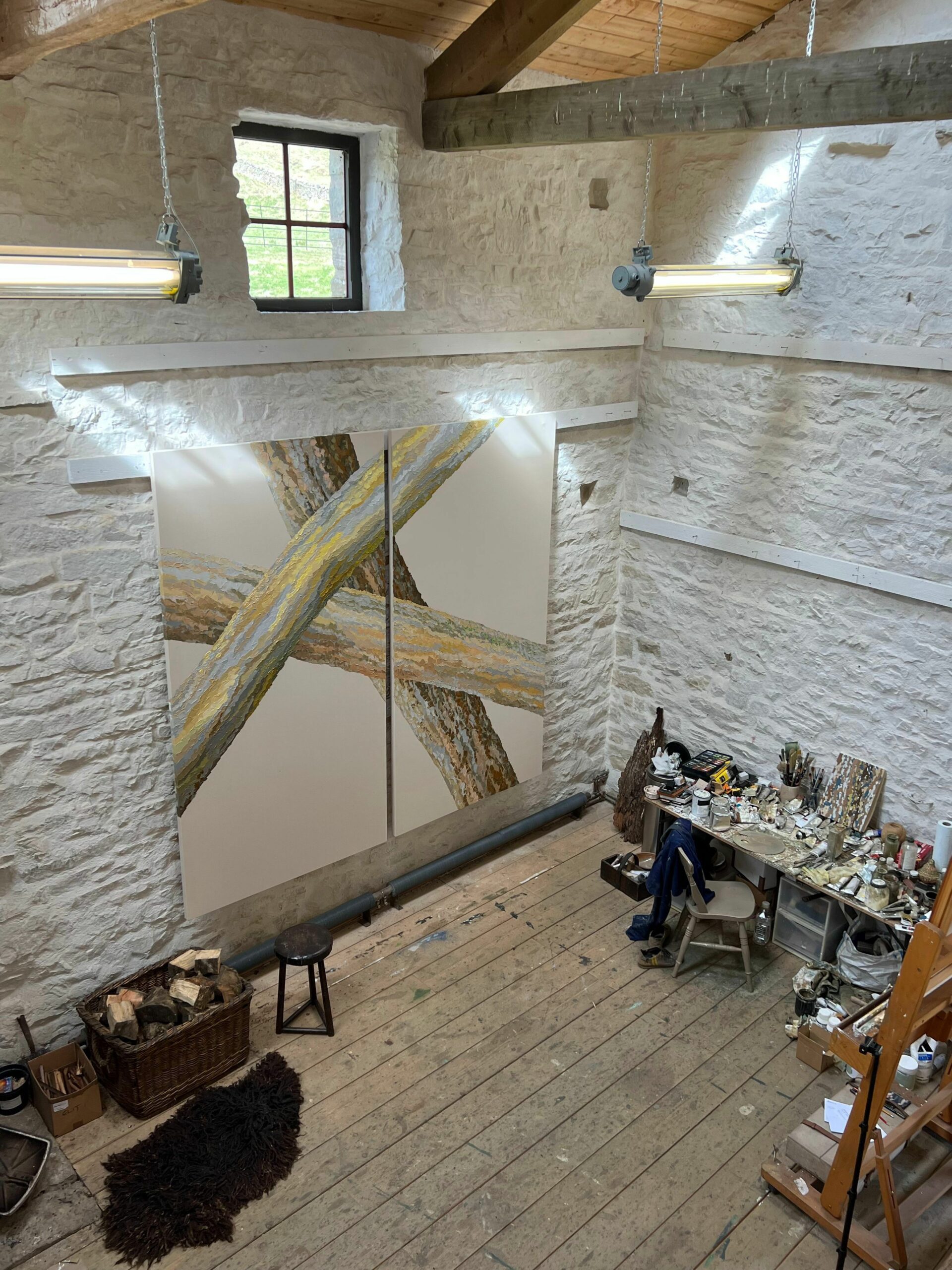 A diptych of Black's in his converted barn studio in North Yorkshire.