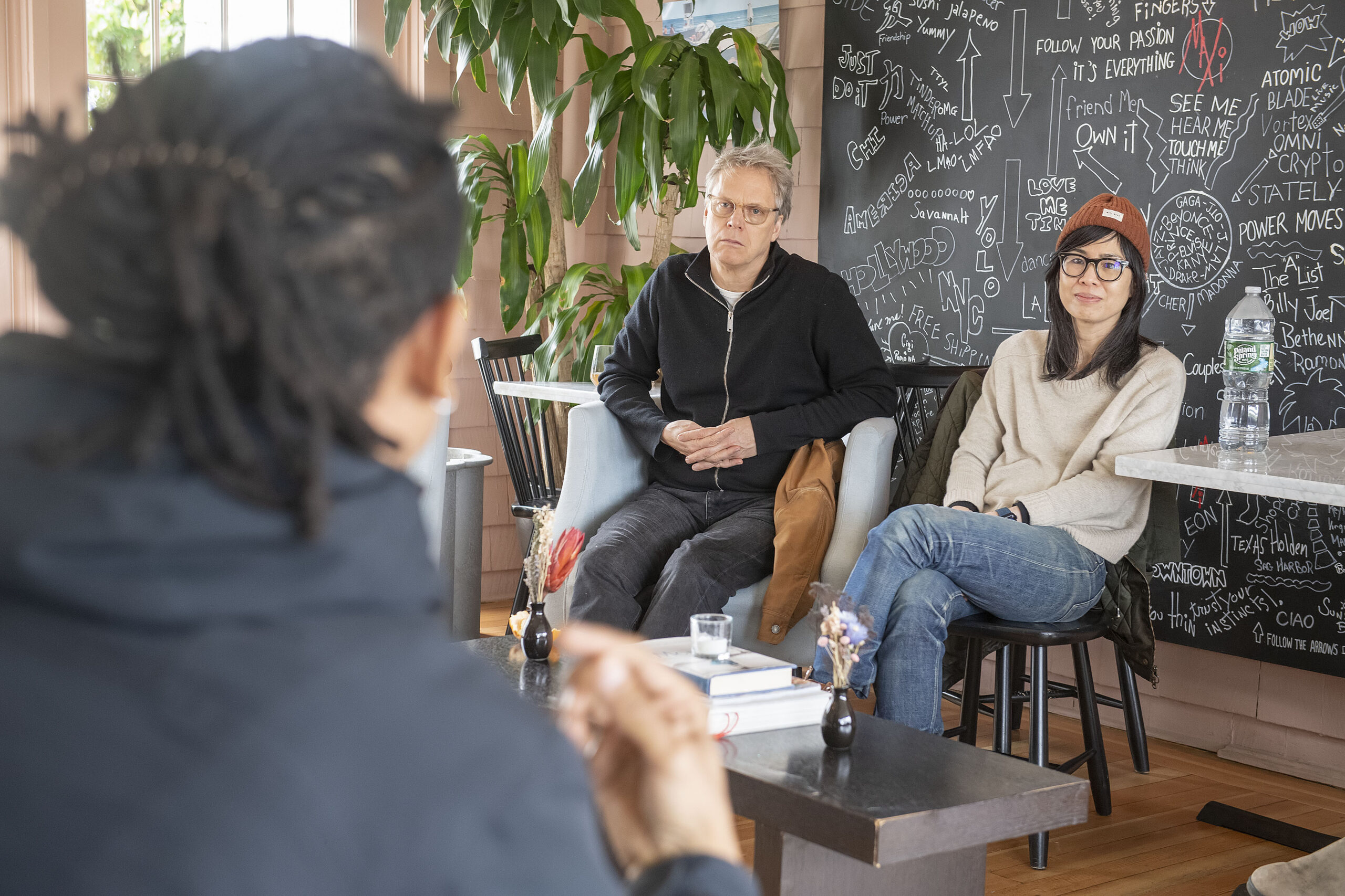 Mentors Peter Hedges and Alice Wu  listen as screenwriter Jamil McGinnis shares a thought during the HamptonsFilm Screenwriters Lab, held at the Maidstone Inn in East Hampton from April 8 to 10, 2022. MICHAEL HELLER