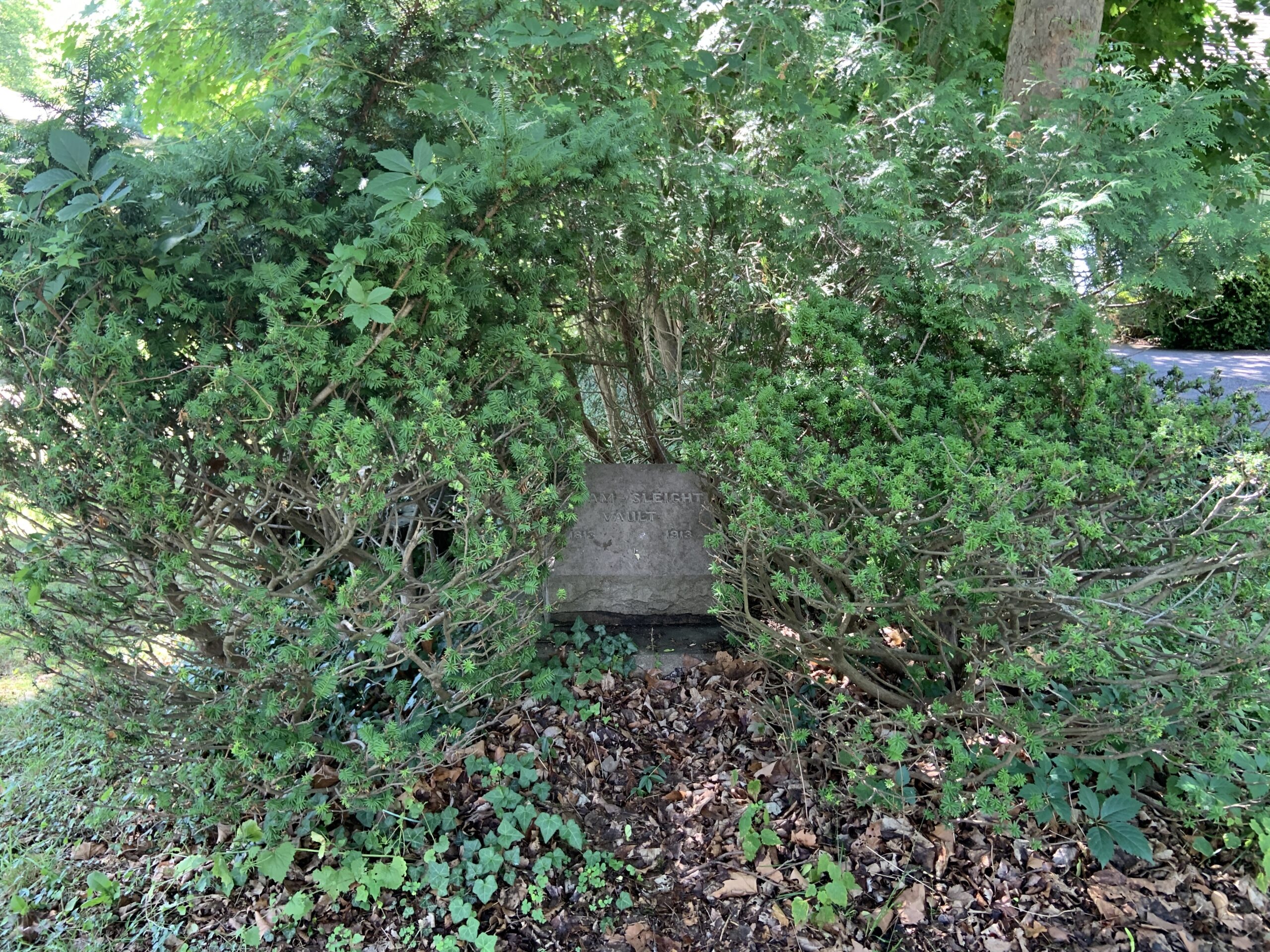 The marker for the Rysam Sleight Vault is partially hidden by shrubs. STEPHEN J. KOTZ