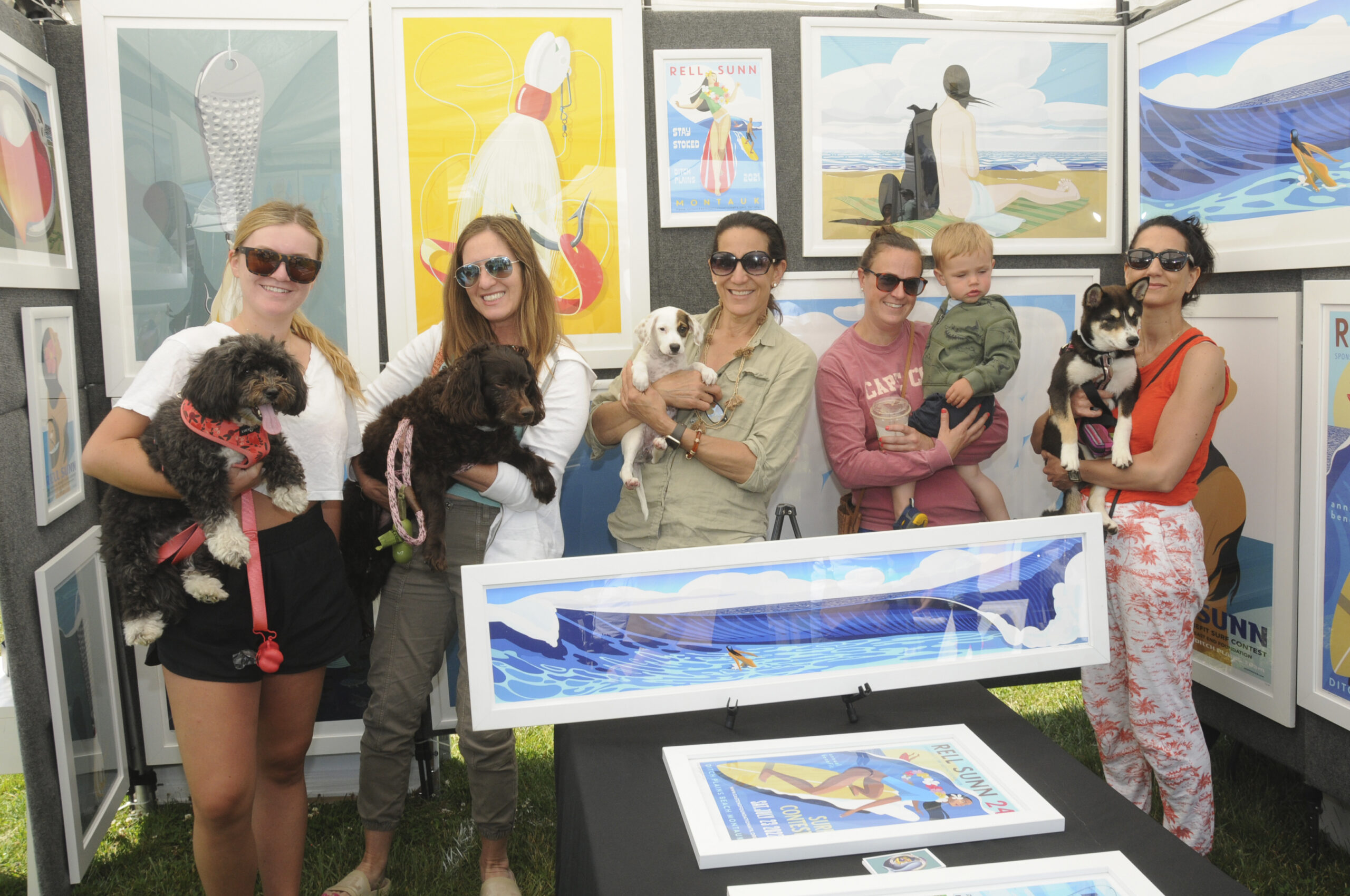 Lily Greenwald with Luna, Jolie Schoeffer with Charley, Alison Seiffer with as yet unnamed, Emily and Ryan Dunn and Elena Grasmann with Callie at the Montauk Artists' Association's annual 