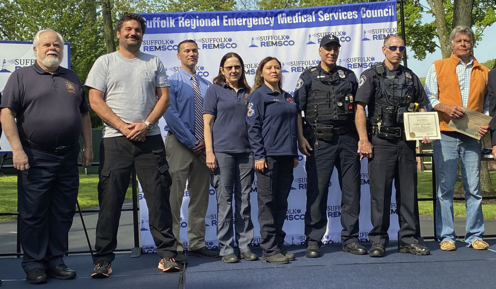 On May 21, 2022 members of the Montauk Fire Department, East Hampton Town  Police Department, East Hampton Town Marine Patrol and a Montauk community member were presented a CPR Lifesaving Award by Suffolk Regional Medical Services Council (REMSCO). These individuals were honored for their successful pre-hospital cardiac arrest resuscitation of a man on July 27, 2021. The man had fallen victim of a sudden cardiac arrest in public.  In addition to the multi-agency teamwork displayed in this successful cardiac arrest save, a bystander had recognized the cardiac arrest and had begun CPR. Left to right: Charles 