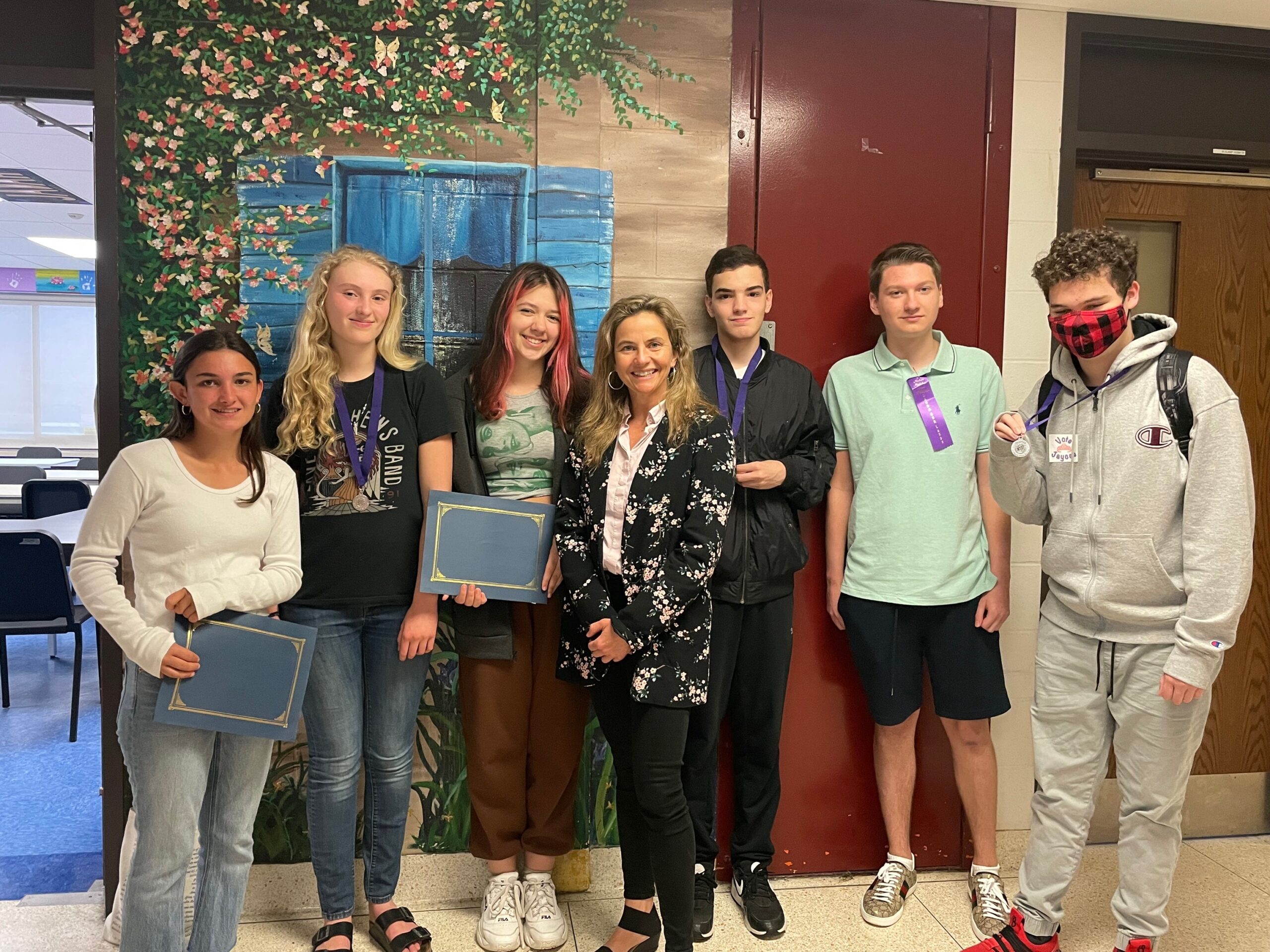 Southampton High School students in Maria Abbadessa’s mythology and Latin roots classes received high scores on the National Medusa Mythology exam.  From left,  are some of the winning students with Abbadessa, Georgia Wilutis, Katherine-Grace Bodington, Charley LaMere, (Abbadessa) John Caufield, Patryk Schneider and Wyatt Newcomb. COURTESY SOUTHAMPTON SCHOOL DISTRICT