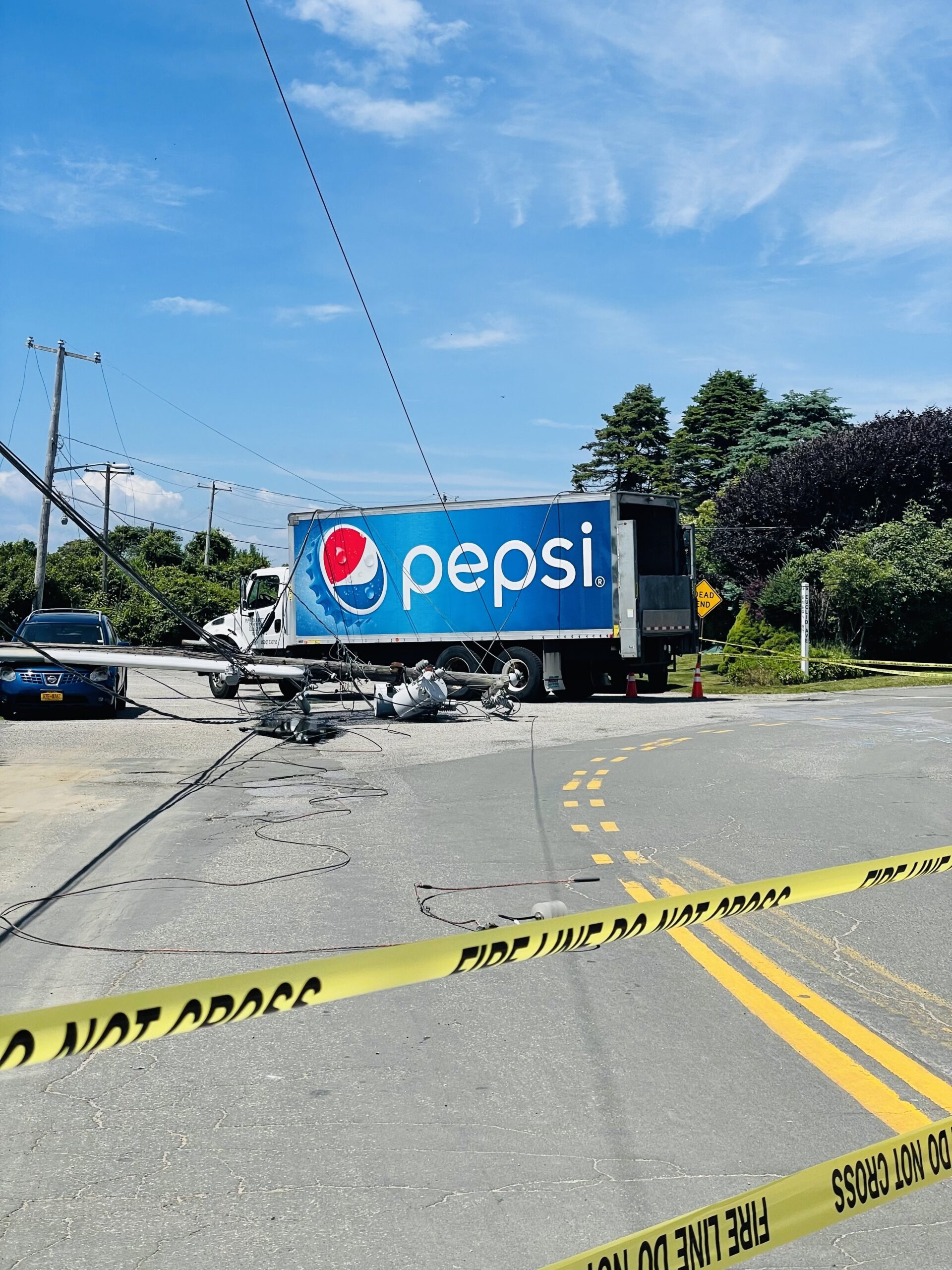The accident took down power lines at the intersection of South Emery Street and Euclid Avenue, leaving much of downtown Montauk without power.