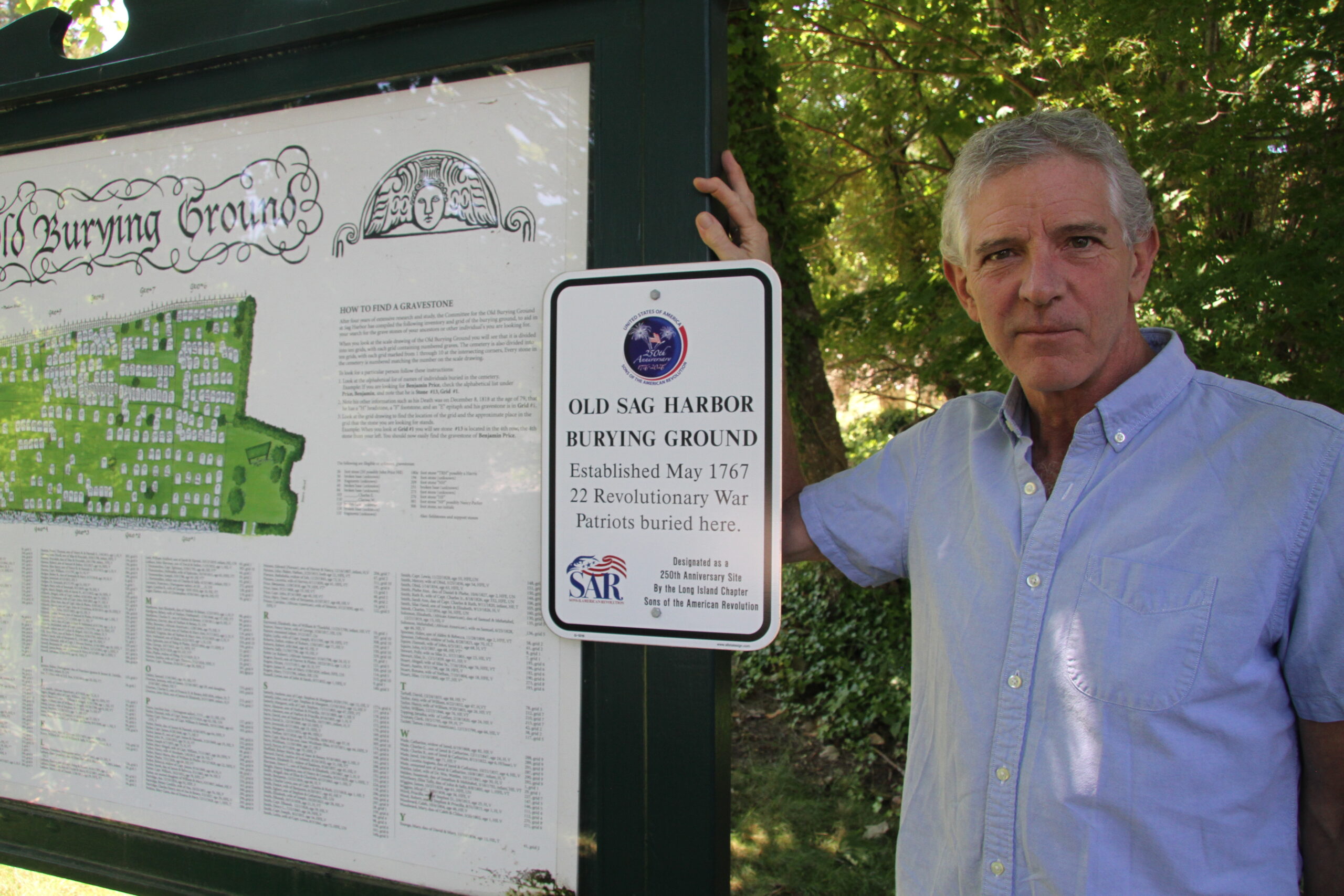 Kurt Kahofer, a North Sea resident and descendent of one of the patriots who fought at the Battle of Lexington, is a member of the Sons of the American Revolution, which is posting signs alerting visitors to the presence of the graves of patriots at cemeteries and burying grounds throughout Long Island.