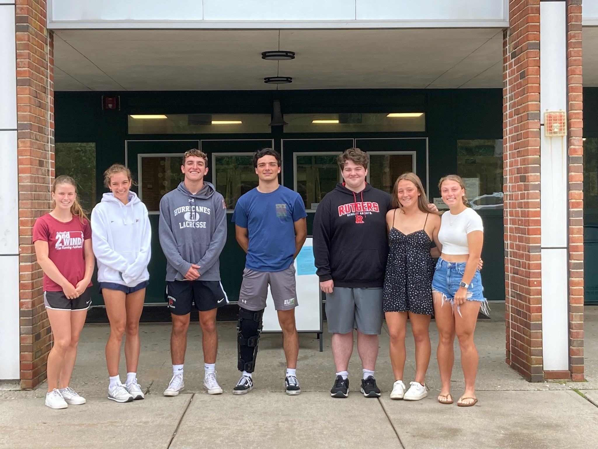 Westhampton Beach High School graduating seniors, from left,  Katelyn Stabile, Rose Hayes, Liam McMunn, Geoff Arrasate, Luca Kubanovich, Ciara Byrne and Madison Mosher,   sons and daughters of VFW Post 5350 members,  were awarded graduation gifts from the VFW Post recently. COURTESY VFW POST 5350