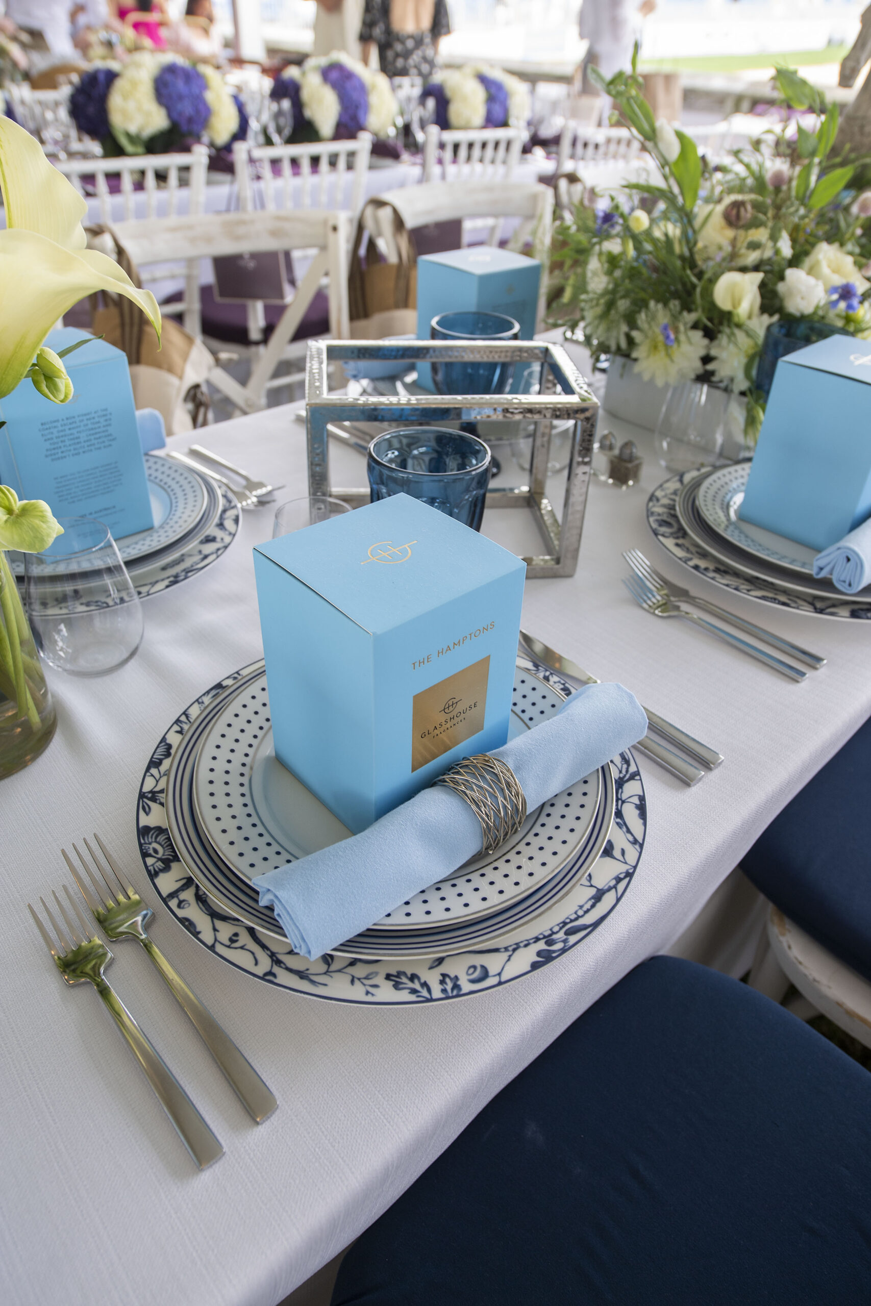 The table setting for Douglas Elliman Real Estate in the VIP tent at the 2021 Hampton Classic on Grand Prix Sunday, September 5th, 2021