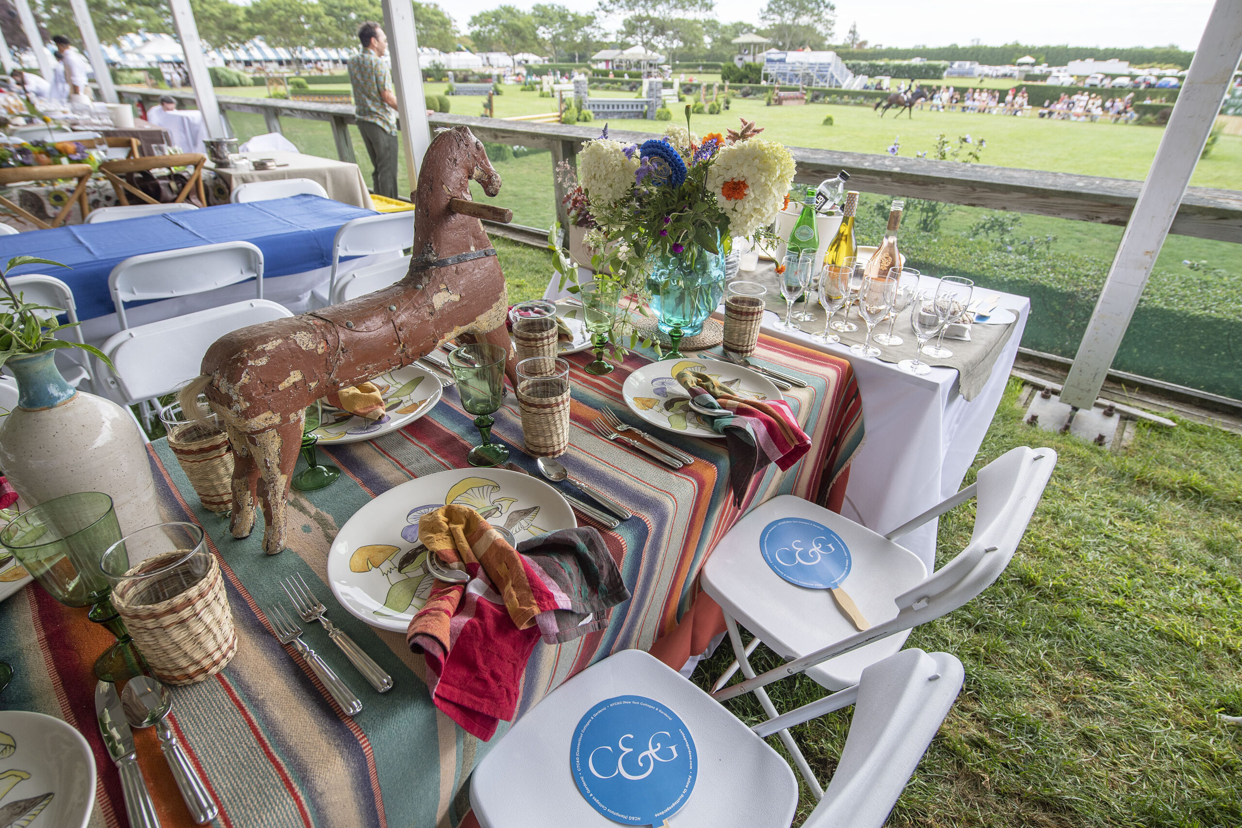 The table setting for HC&G Magazine in the VIP tent at the 2021 Hampton Classic on Grand Prix Sunday, September 5th, 2021