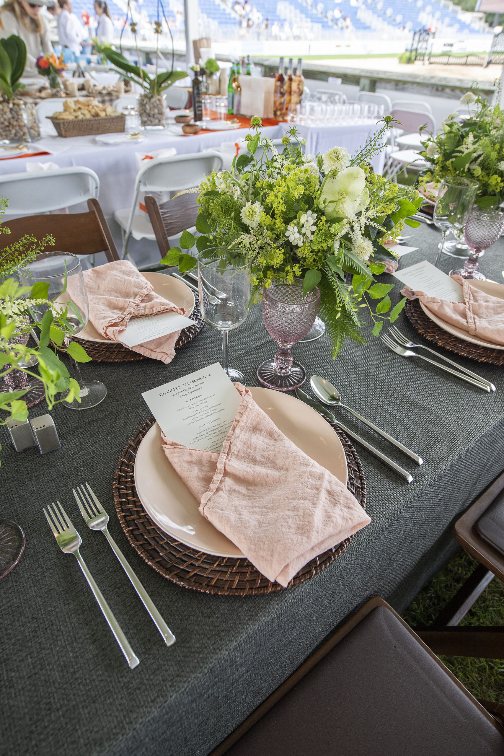 The table setting for David Yurman in the VIP tent at the 2021 Hampton Classic on Grand Prix Sunday, September 5th, 2021