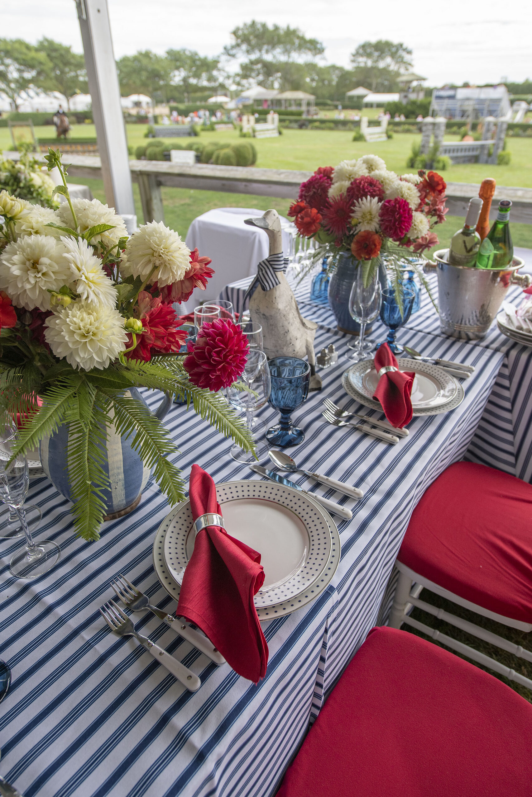 The table setting for the Split Rock Farm table in the VIP tent at the 2021 Hampton Classic on Grand Prix Sunday, September 5th, 2021