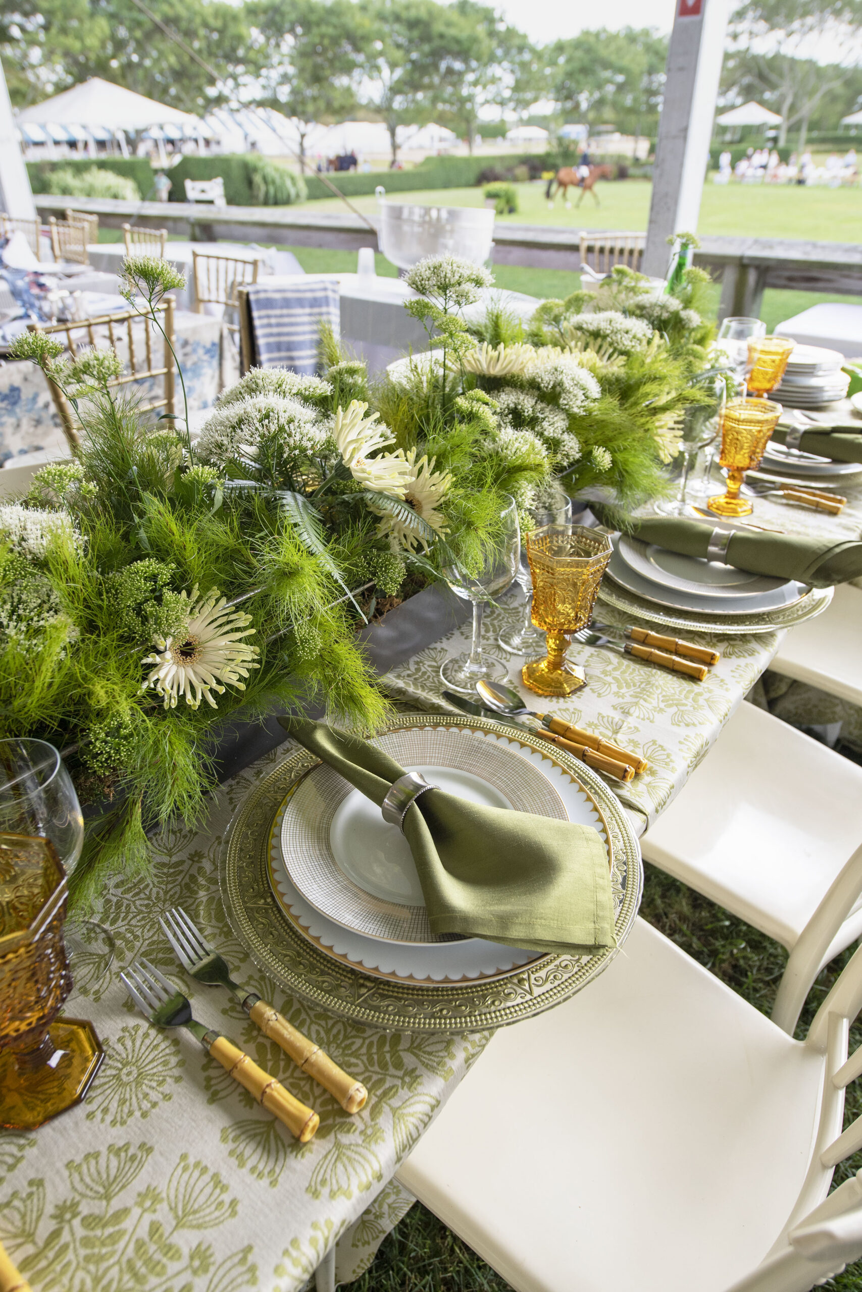 The table setting for the Twin Oaks Ventures table in the VIP tent at the 2021 Hampton Classic on Grand Prix Sunday, September 5th, 2021