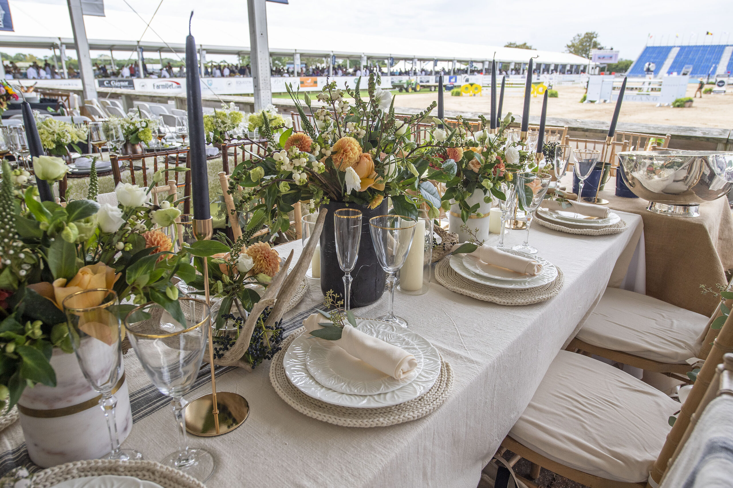 The table setting for the Jabord table in the VIP tent at the 2021 Hampton Classic on Grand Prix Sunday, September 5th, 2021
