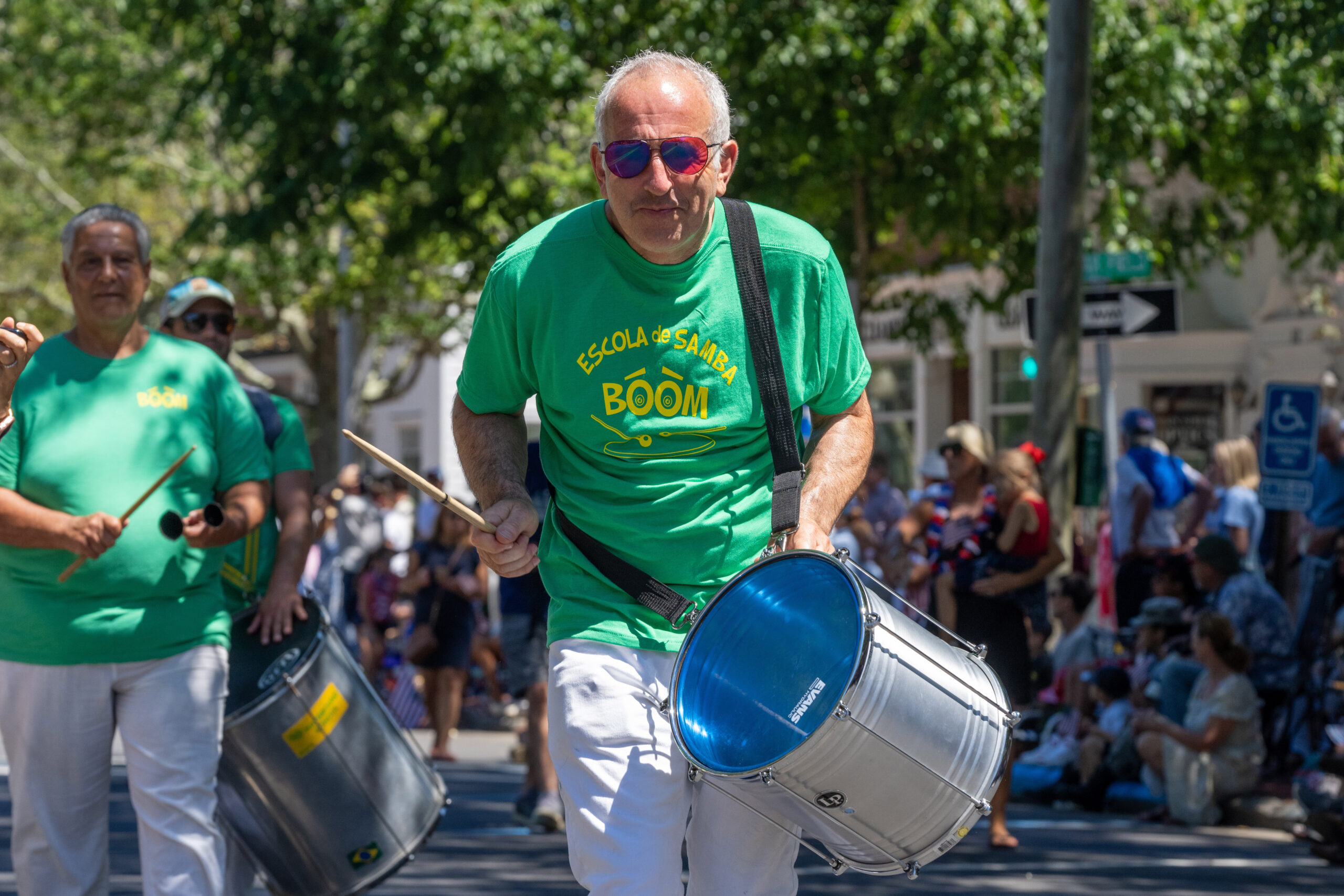 Jay Schneiderman performs with Escola de Samba BOOM during the July 4 parade in Southampton.