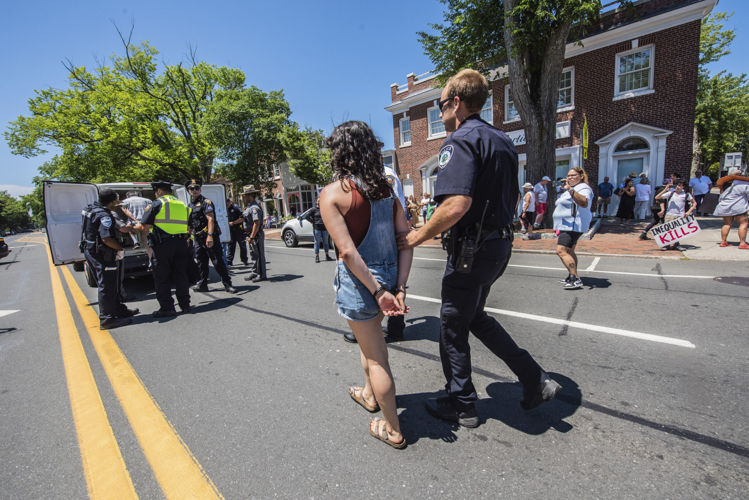 Protesters blocked Montauk Highway in East Hampton on Sunday. Some or which were arrested.    LEE BERTRAND