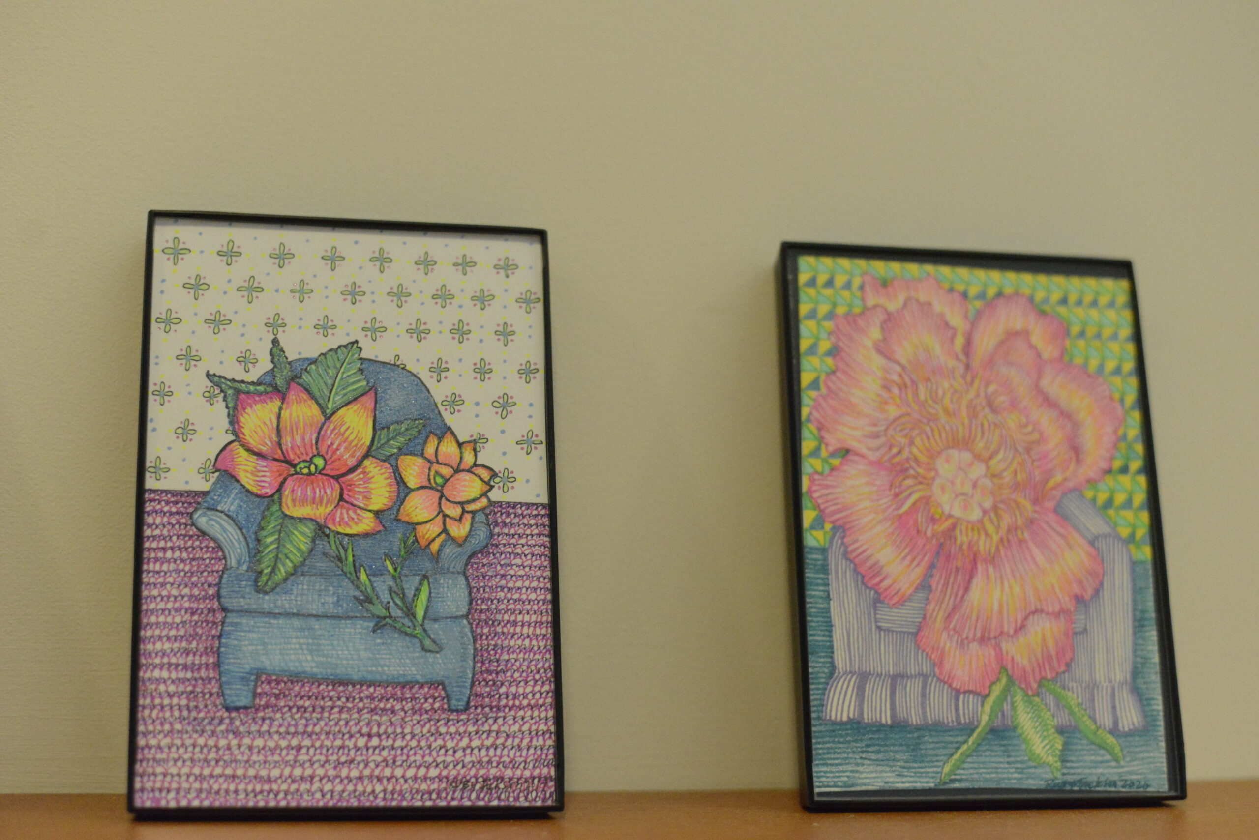 Ruby Jackson's Flowers on Couches and Chairs drawings on display at John Jermain Library in Sag Harbor. JULIA HEMING