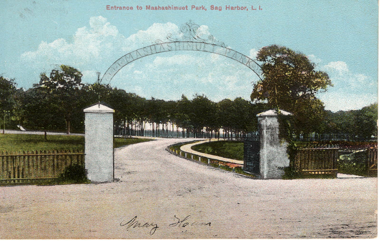 The entrance to Mashashimuet Park as seen in a vintage colorized postcard.  COURTESY NANCY BENVENT