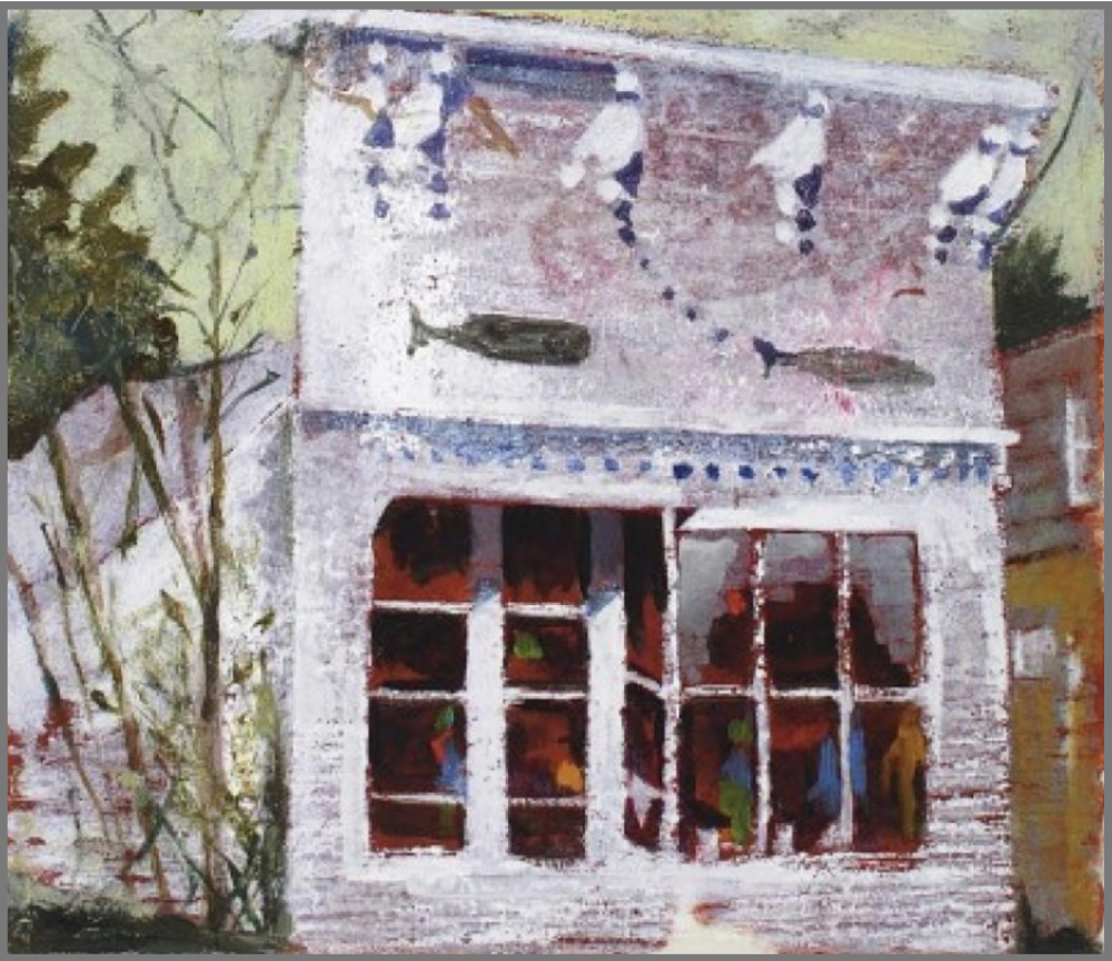 A painting of The Art Stall, Warren McHugh's  gallery on Madison Street in Sag Harbor which operated from 1961 until McHugh’s death in 1986. COURTESY KEYES ART