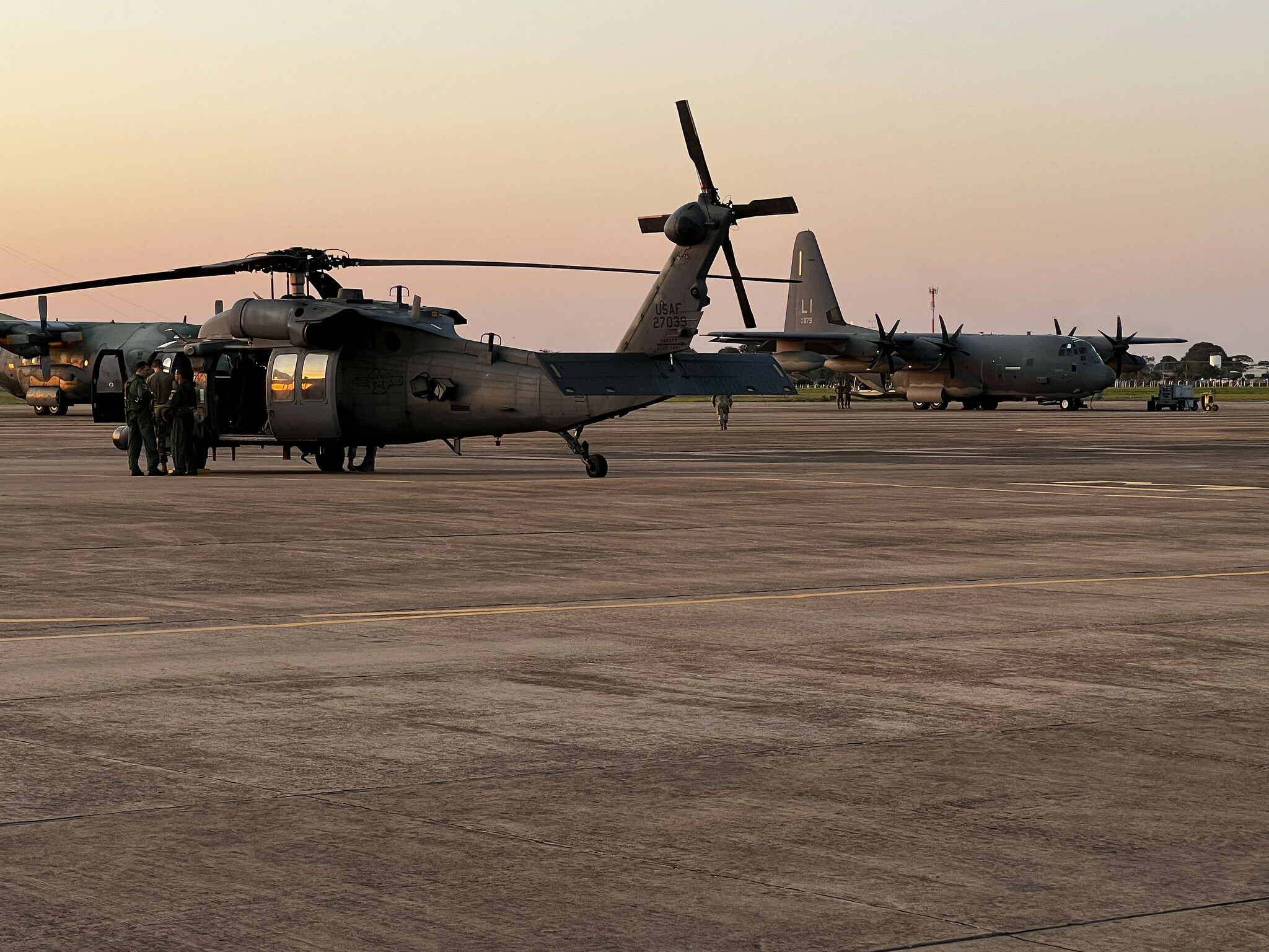 A U.S. Air Force HH-60 Pave Hawk helicopter prepares for flight  as part of Exercise TÁPIO, a combined Brazilian and U.S. exercise taking place in and near Campo Grande, Brazil.