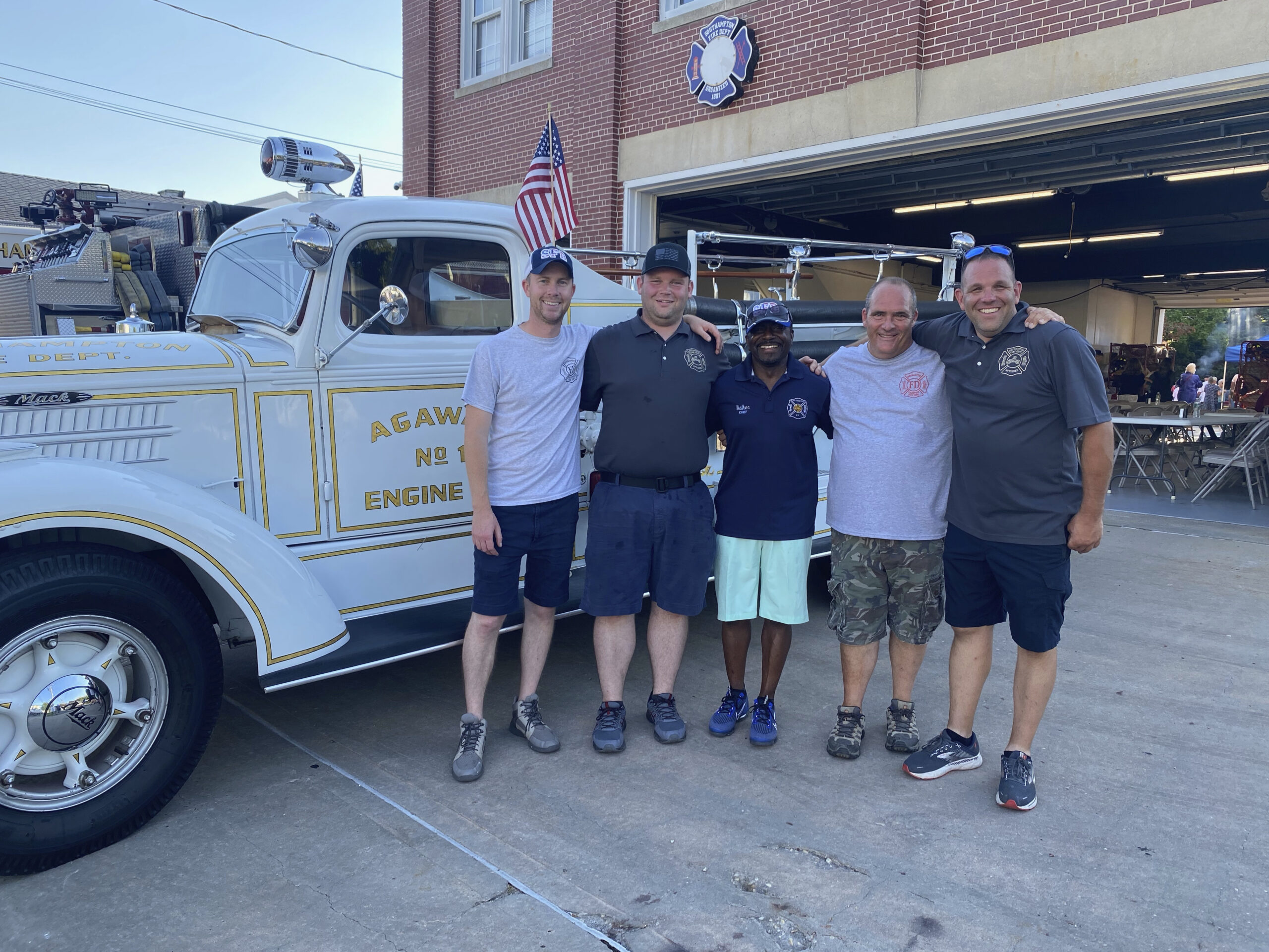 Jeremy McMahon, Shane Sharkey, Polis Waller, Chris Gaynor and Eric Halsey at the Southampton Fire Department fundraiser BBQ.  GREG D'ELIA