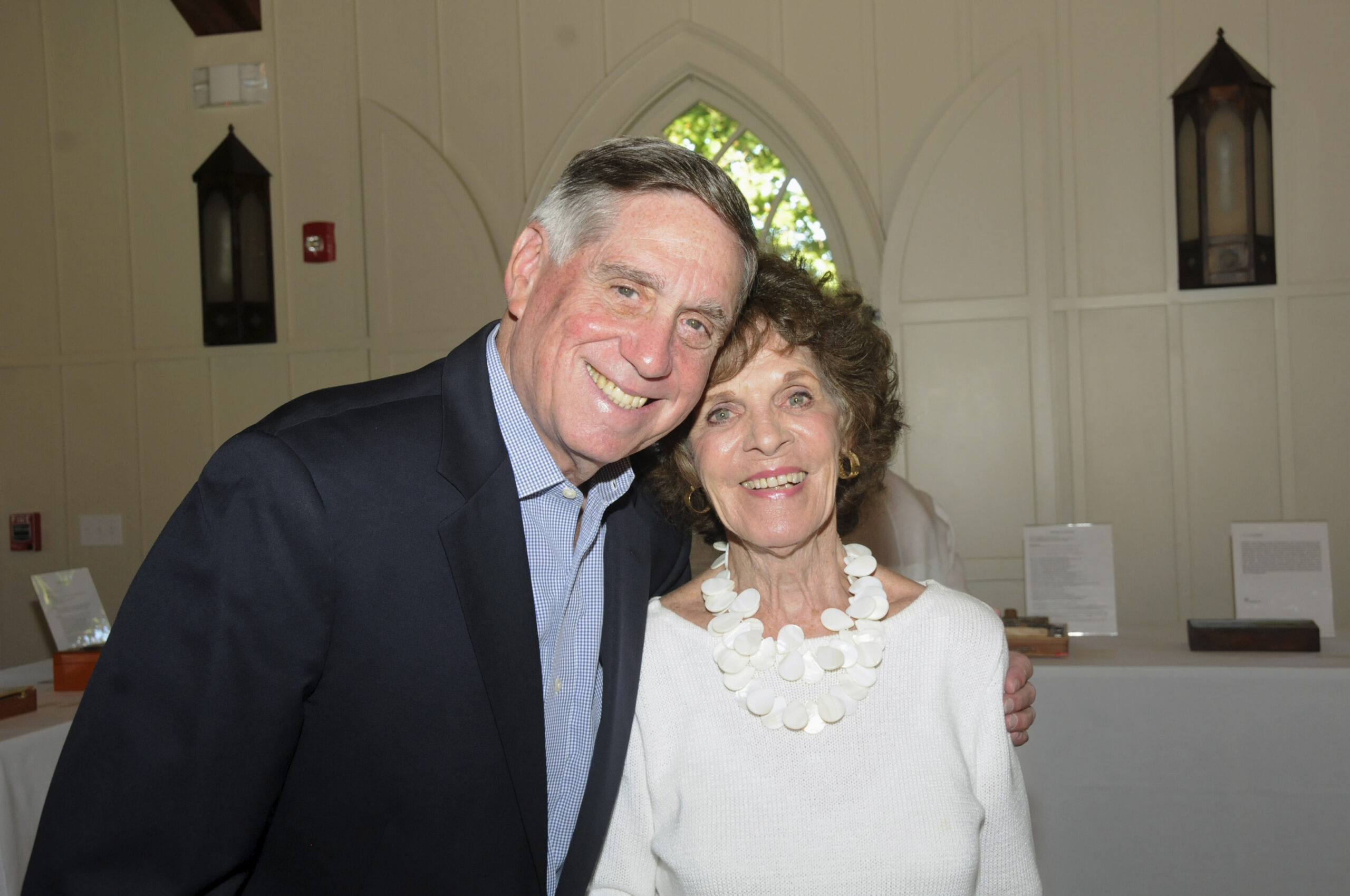 Gary Adamek and Arlene Bujese at the East End Hospice 21st annual Box Art Auction preview reception on August 24 at Hoie Hall at St. Luke's Church in East Hampton . Dozens of local artists contributed their vision and creation of 