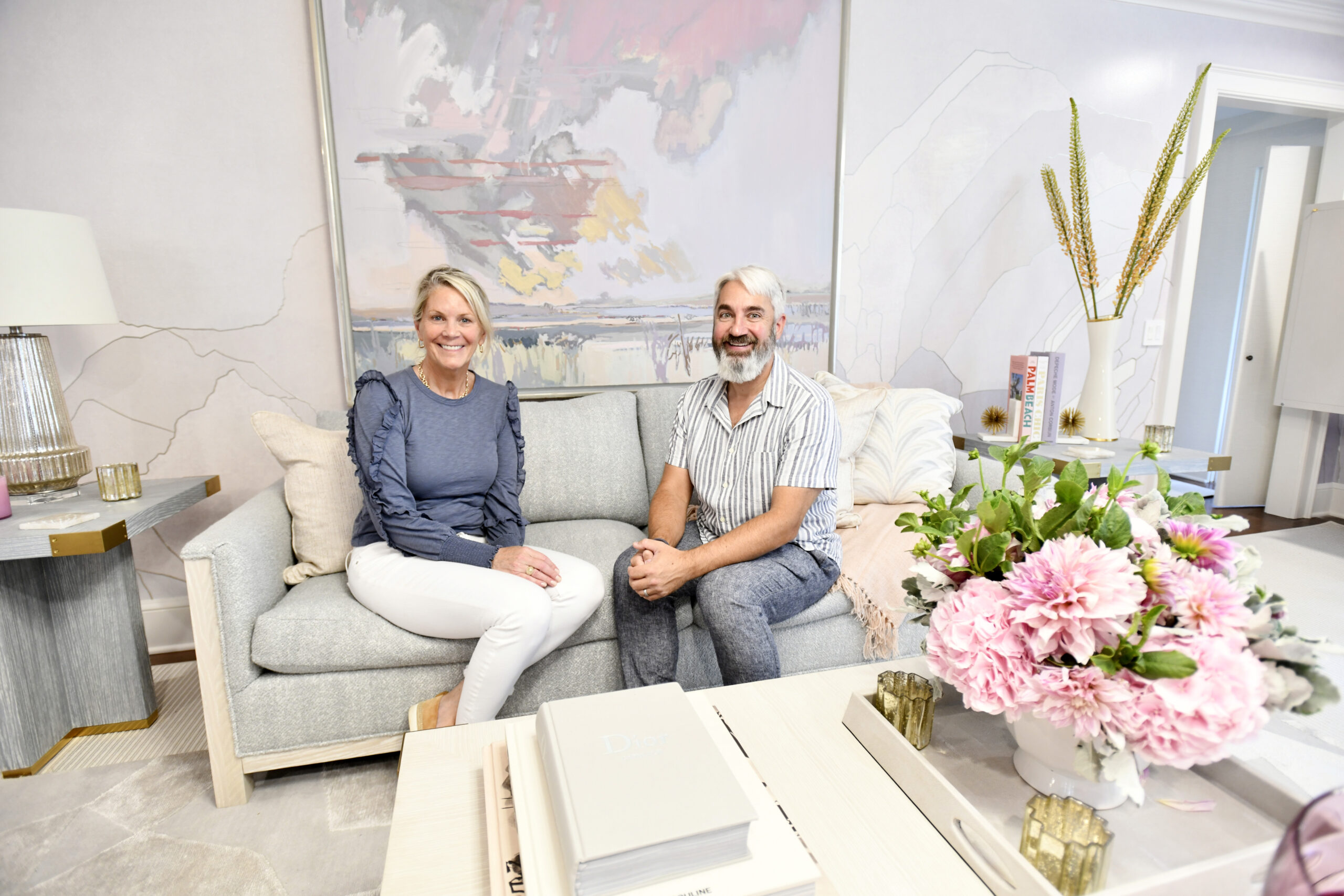 Jennifer Mabley and Austin Handler in the living room they designed for the Hampton Designer Showhouse.  DANA SHAW