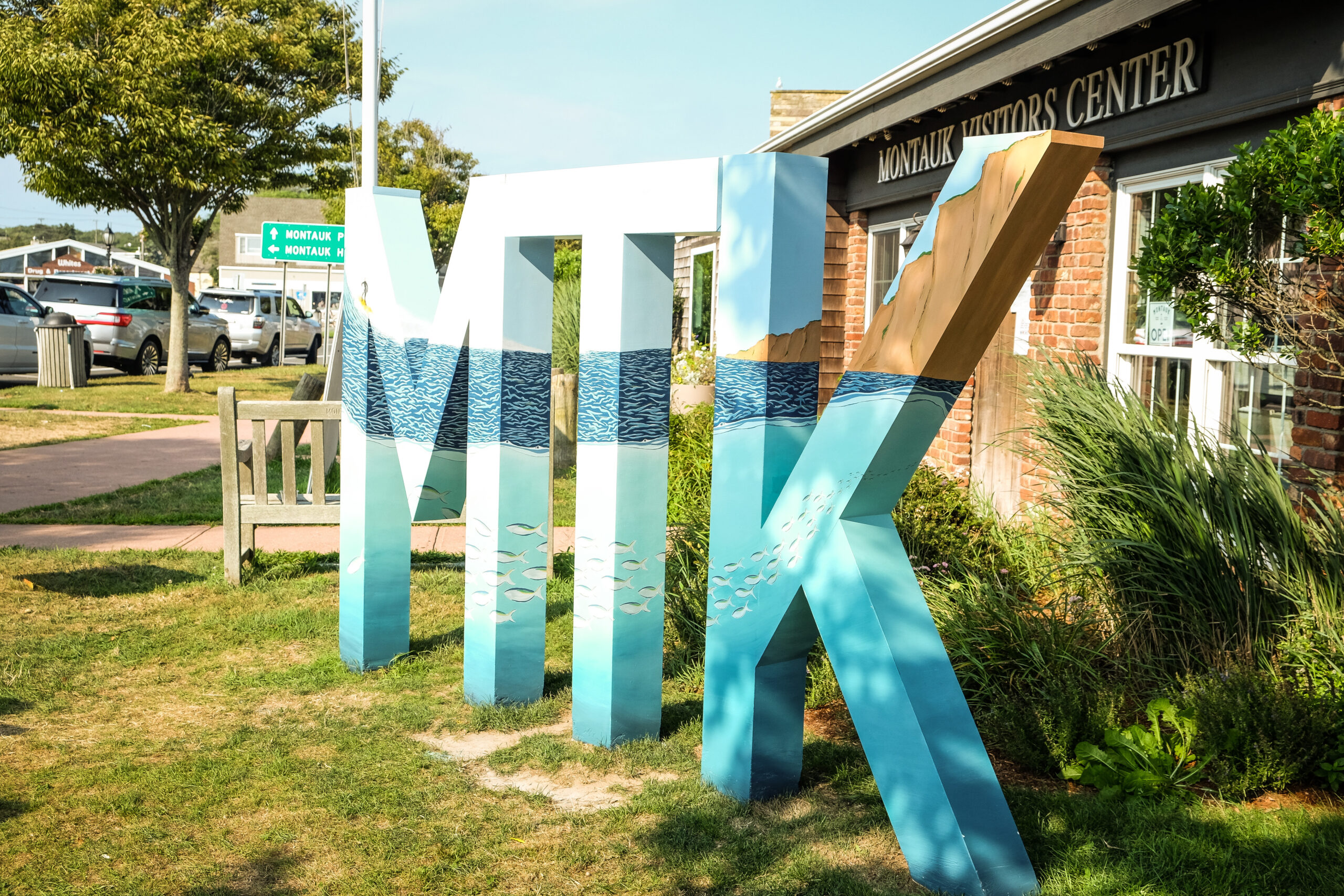 The completed MTK letters painted by artist Kylie Ogburn in front of the Montauk Chamber of Commerce visitor center. IAN COOKE/COURTESY MONTAUK CHAMBER OF COMMERCE