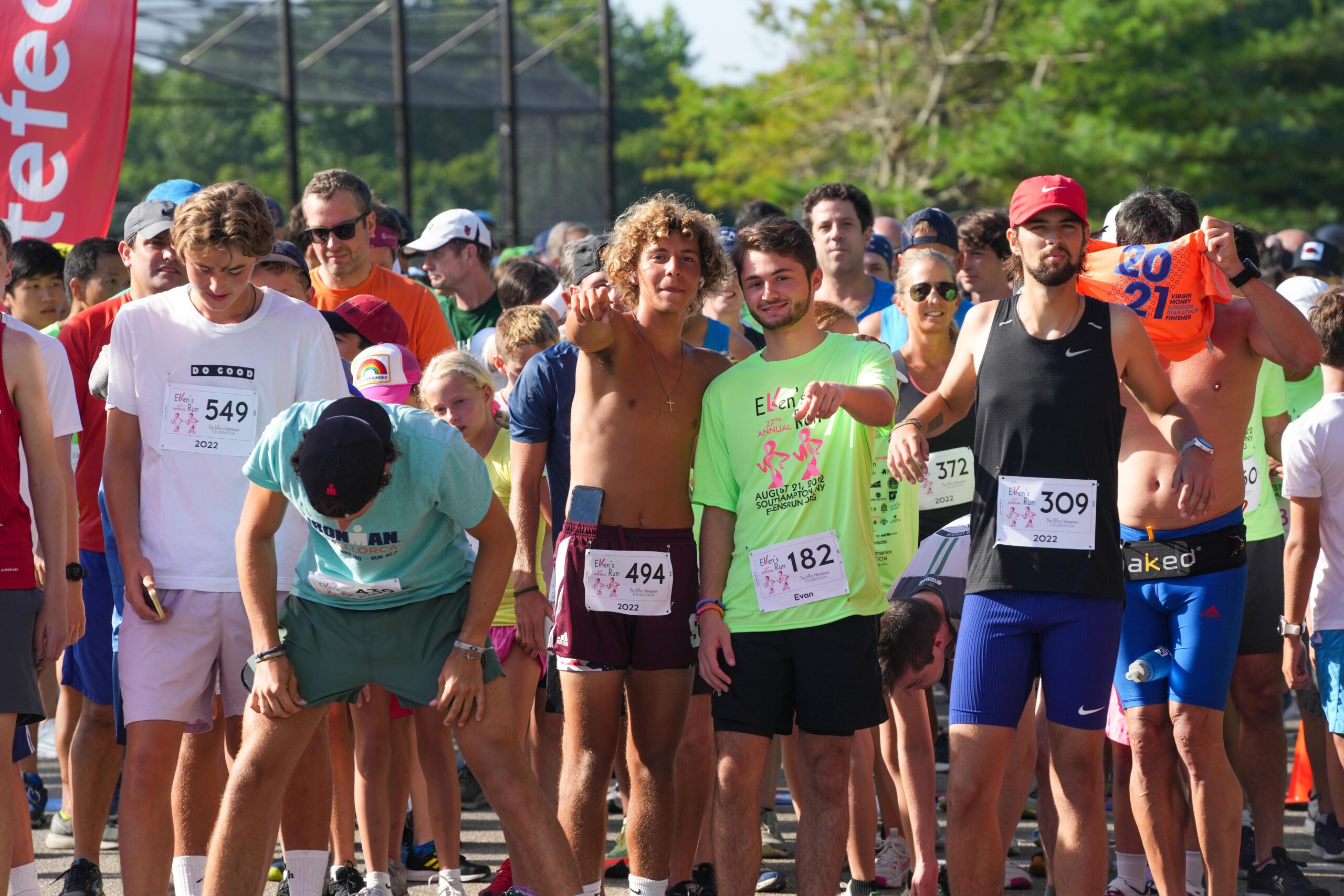 Saintino Arnold, left, and Evan Simioni just before the opening horn of the 27th annual Ellen's Run on Sunday morning at Southampton Intermediate School.     RON ESPOSITO