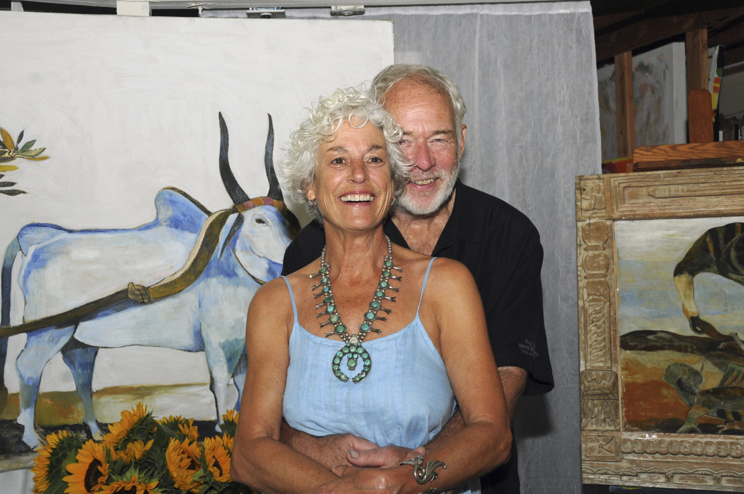 Nancy and Paton Miller on Friday evening at artist Hans Van de Bovenkamp's 7-acre, Sagaponack indoor/outdoor studio and sculpture gardens for the opening of an art exhibition and sale of works by  Van de Bovenkamp, Miller, Stephanie Brody-Lederman and the late Charles Waller. The Show is curated by Geralyne Lewandowski. A portion of the proceeds will benefit Maureen's Haven Homeless Outreach.   RICHARD LEWIN