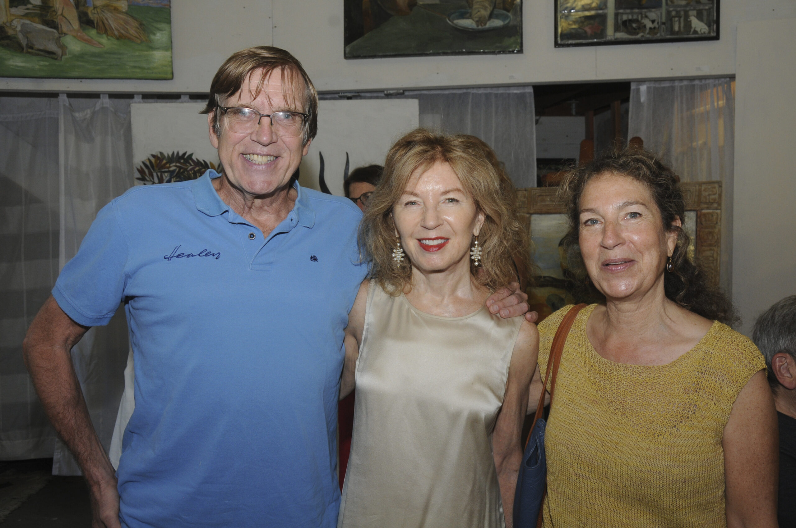 Eduard Van Raay, April Gornik and Beth Josephs
on Friday evening at artist Hans Van de Bovenkamp's 7-acre, Sagaponack indoor/outdoor studio and sculpture gardens for the opening of an art exhibition and sale of works by  Van de Bovenkamp, Miller, Stephanie Brody-Lederman and the late Charles Waller. The Show is curated by Geralyne Lewandowski. A portion of the proceeds will benefit Maureen's Haven Homeless Outreach.   RICHARD LEWIN