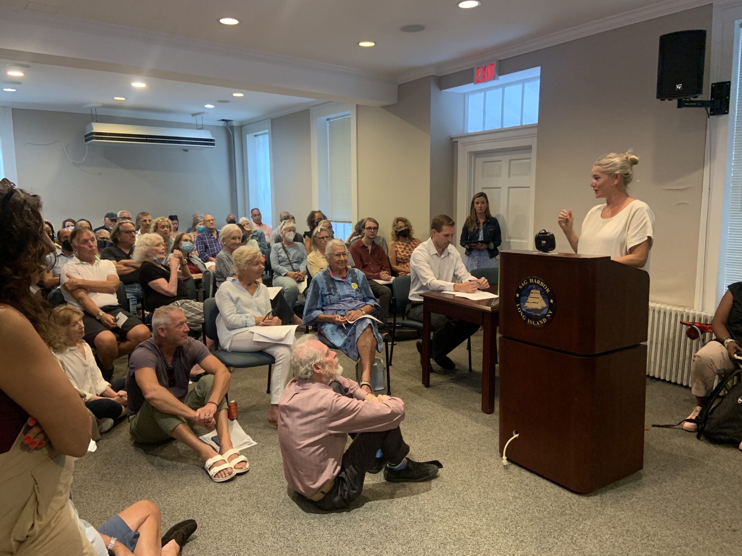 Bryony Freij of East End YIMBY gives an overview of the Community Housing Fund legislation that will be on the ballot in November at the Tuesday, August 9, Sag Harbor Village Board meeting. STEPHEN J. KOTZ