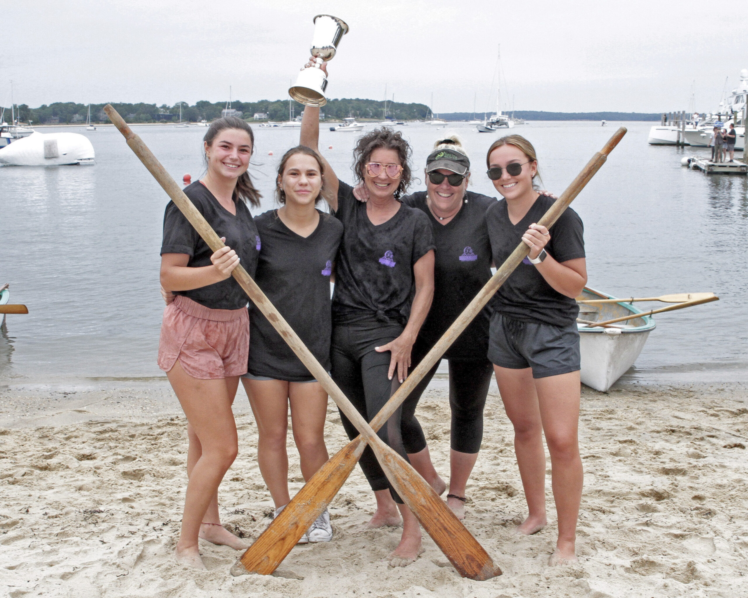 Women's  Whaleboat champions The C's Office Management Team: Gabriella Osborn, Ashley Weatherwax, Marianne Ward, Rebecca Guyer and Maizy Guyer.