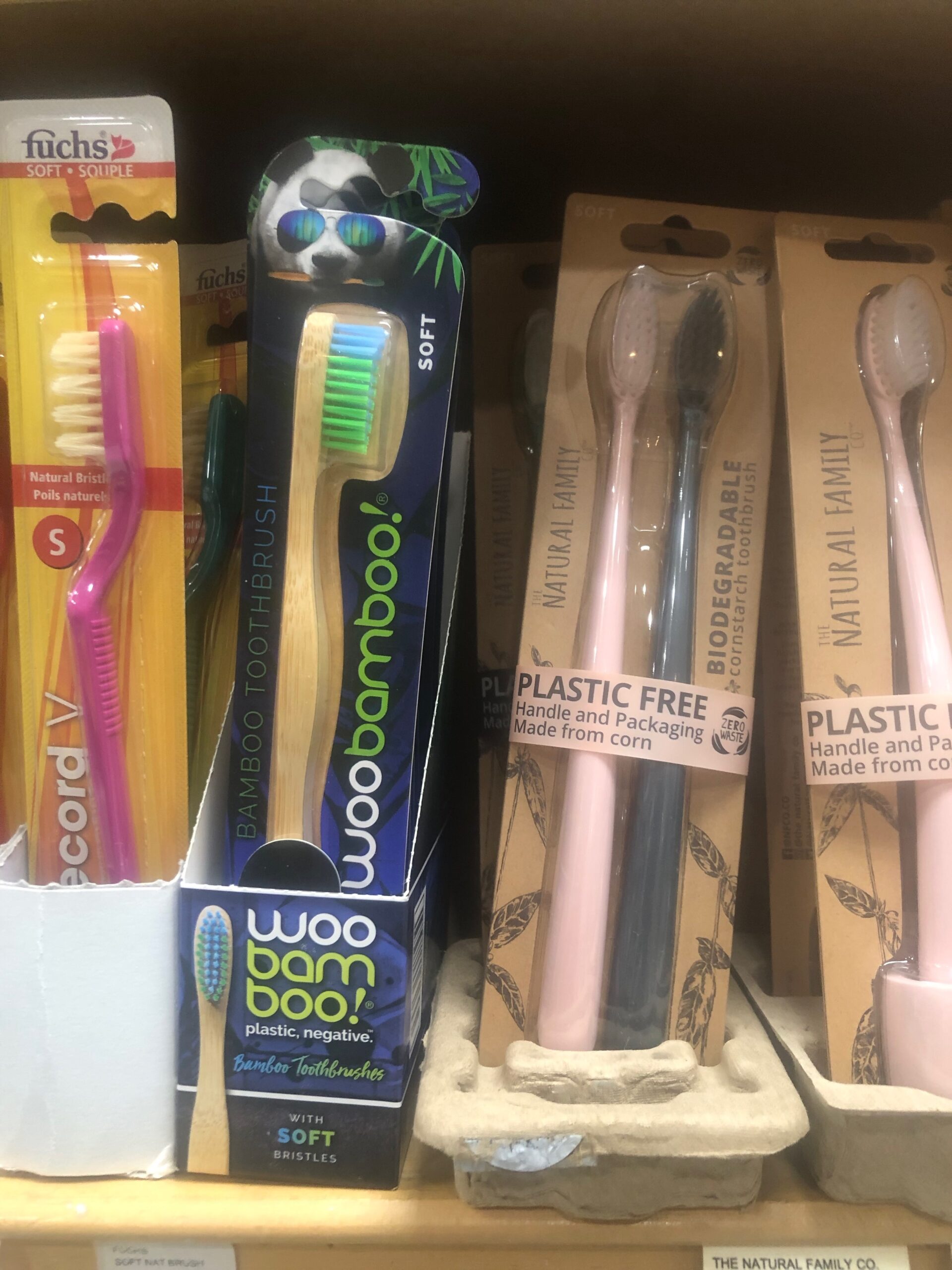 Provisions Natural Foods offers a variety of toothbrushes made from bamboo and recycled materials, even corn. If you use three or four toothbrushes a year, think how much plastic you’re keeping out of the ocean. JENNY NOBLE