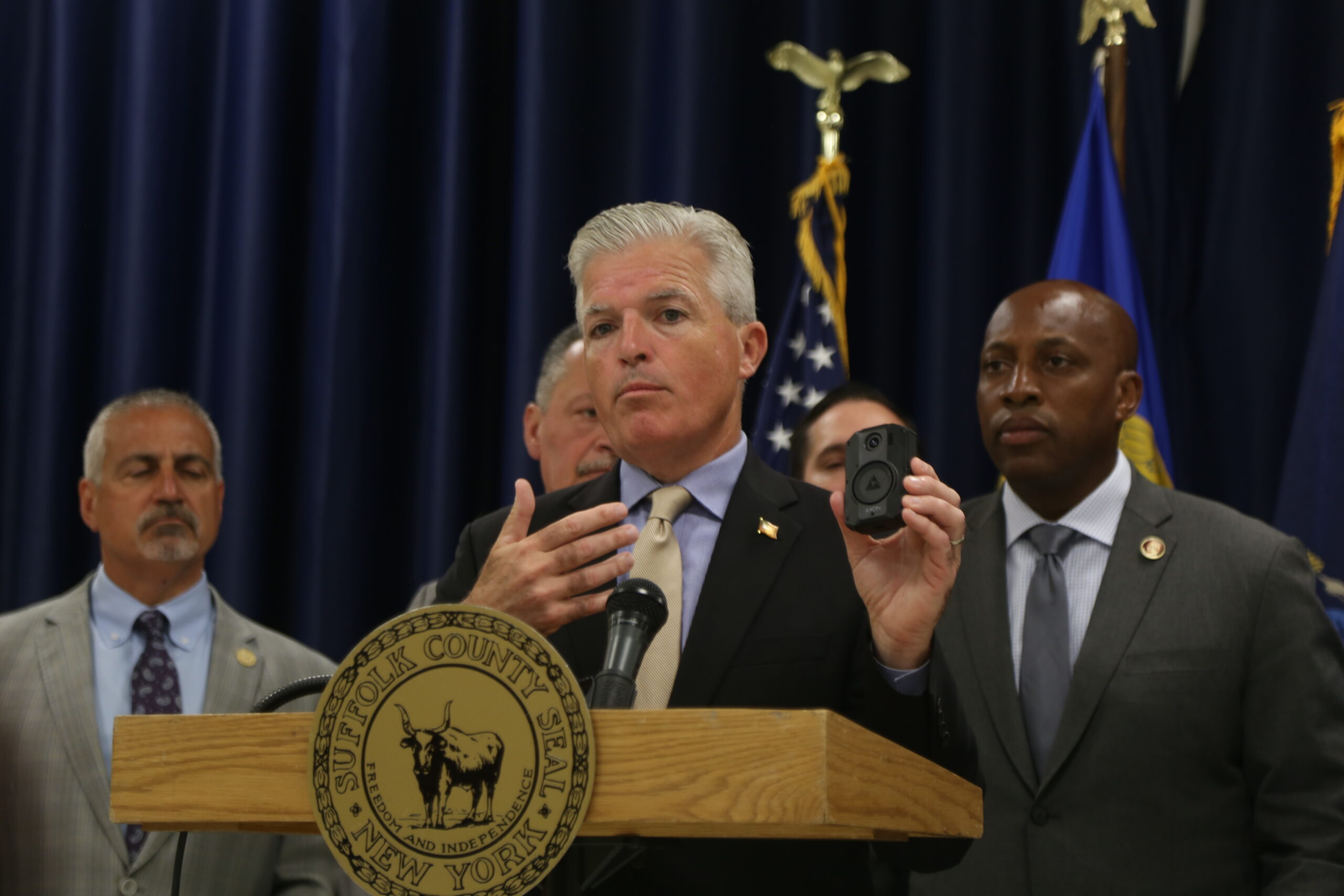 Suffolk County Executive Steve Bellone discusses bodycams during a June press conference announcing the beginning of the Suffolk County Police Department's program.