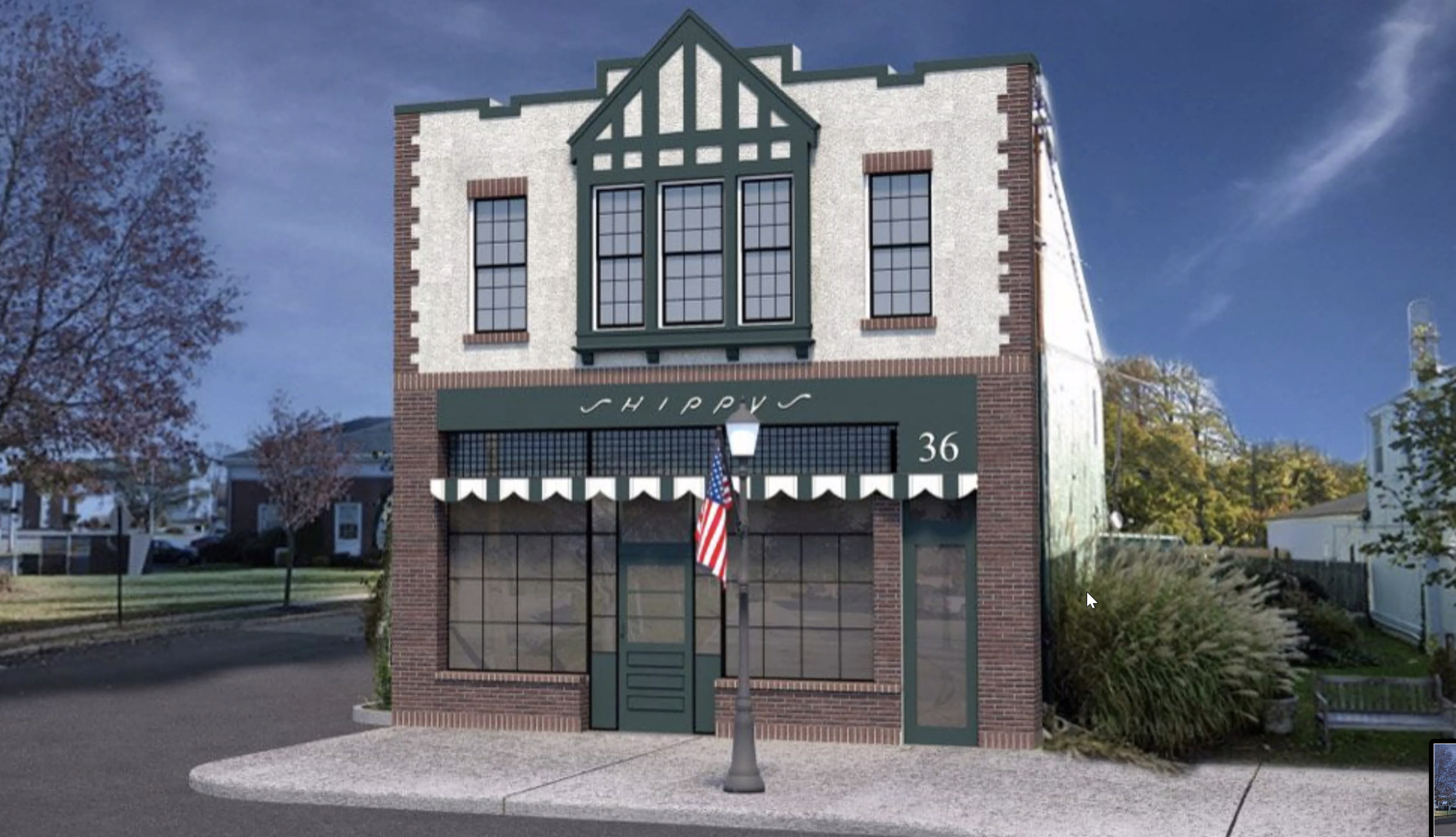 A rendering of proposed changes to Shippy's on Windmill Lane. The plan includes removing paint from the lower half to expose the brick, installing a new sign, exposing windows that had been covered, and replacing second-story windows with nine-over-nine windows.