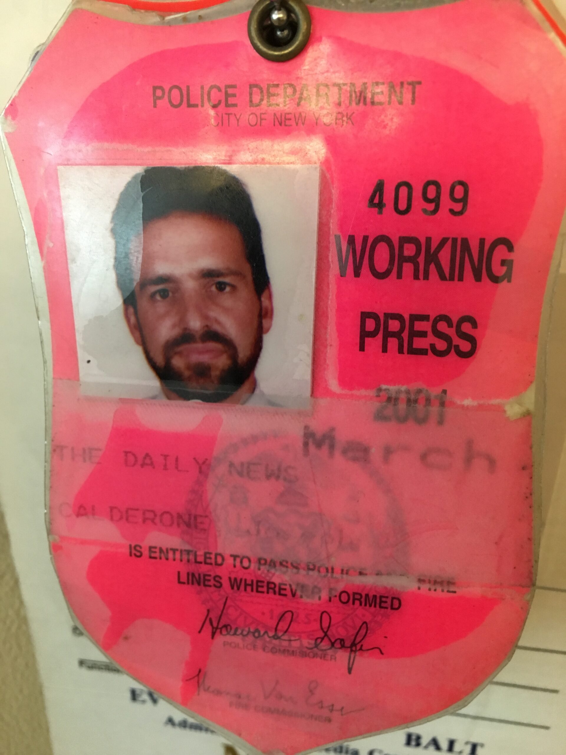 Joe Calderone's 2001 press pass. COURTESY THE AUTHOR