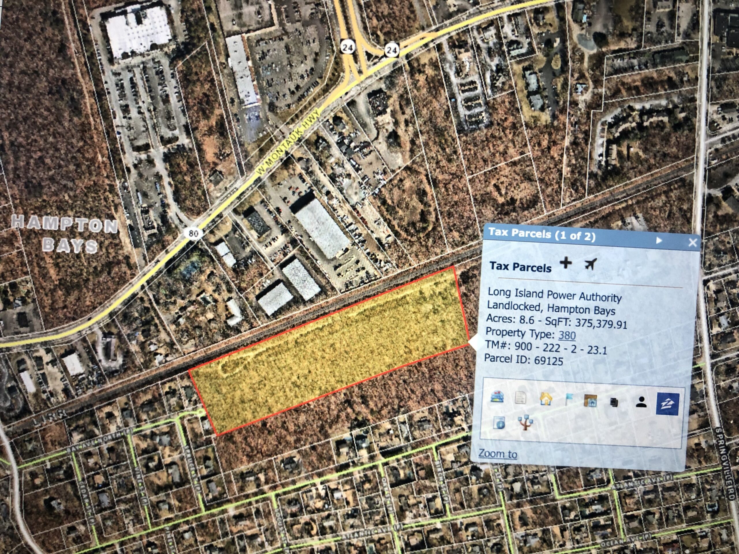 Supervisor Jay Schneiderman sent a screenshot of a potential site, colored in yellow, of a sewage treatment plant  to service downtown Hampton Bays.