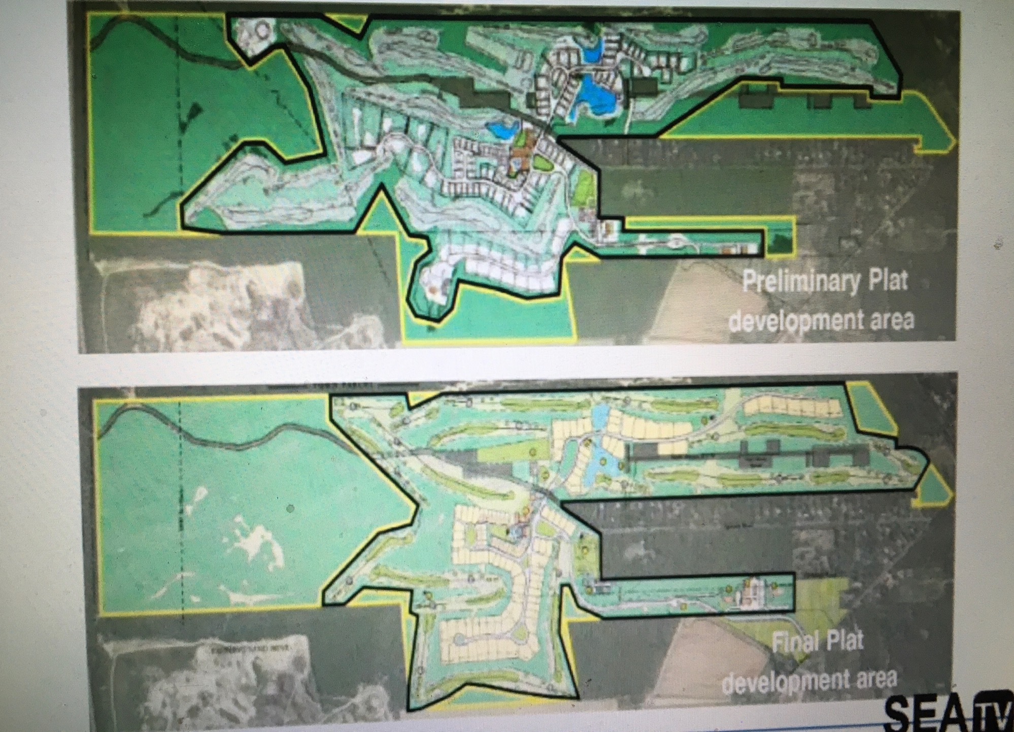 The Lewis Road PRD plan initially approved at top, with the current application below. The black outlines depict development areas.