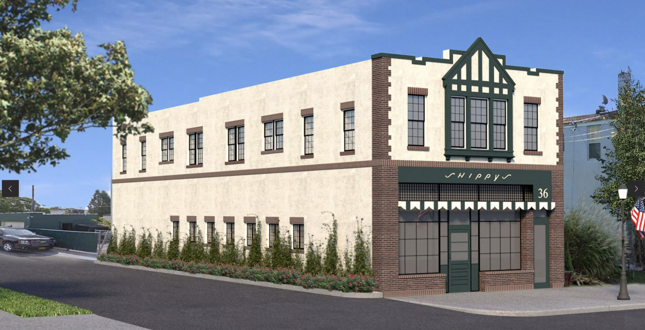 A rendering of proposed changes to Shippy's on Windmill Lane. The plan includes removing paint from the lower half to expose the brick, installing a new sign, exposing windows that had been covered, and replacing second-story windows with nine-over-nine windows.