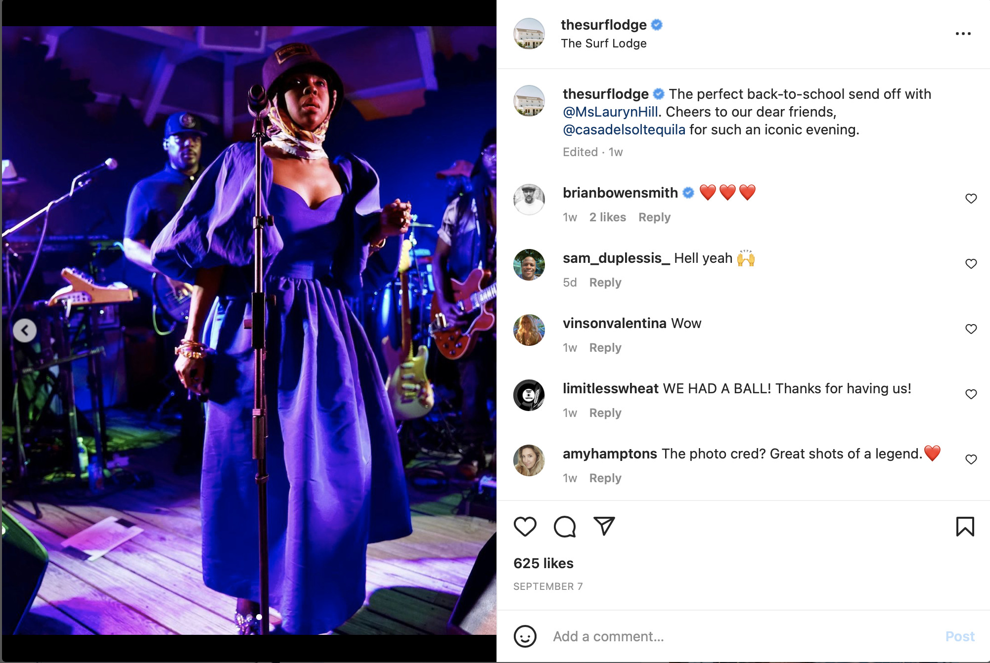 The recent Lauryn Hill concert was promoted on the Surf Lodge's social media.