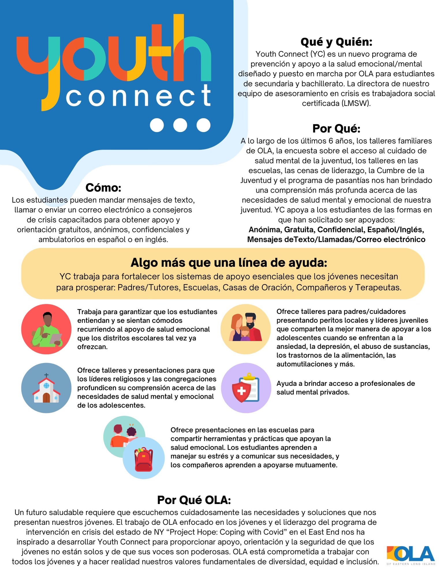 An anonymous and confidential mental health hotline is main feature of Youth Connect, but it is a multi-faceted program meant to serve both English and Spanish-speaking youth and adolescents in a variety of ways. COURTESY OLA
