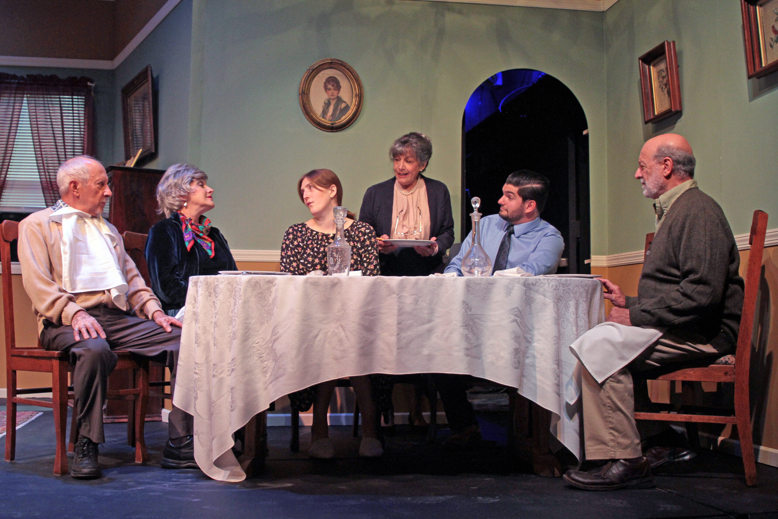 George A. Loizides, Catherine Maloney, Meg Hrinkevich, Amelia Chiaramonte, Patrick C. Osborne and Carl DiModugno in rehearsal for “Over the River and Through the Woods” running October 27 to November 13 at Hampton Theatre Company. COURTESY HTC