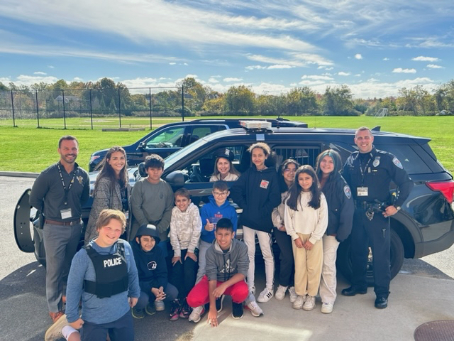 Sixth grade students at Bridgehampton School continue to learn important decision-making skills through the Drug Abuse Resistance Education program.
Southampton Town Police Officer Eugene LaFurno works with the students in the D.A.R.E. program, and this week highlighted law enforcement equipment and gear. COURTESY BRIDGEHAMPTON SCHOOL DISTRICT