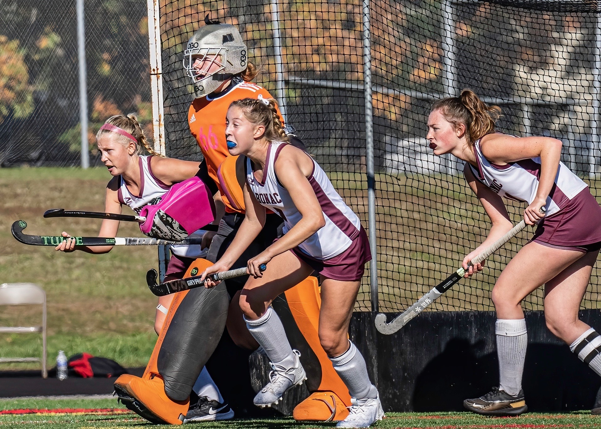 Chloe Coleman, Caeleigh Schuster, Ava Tintle and Sadie Cober get ready to defend on a penalty corner. MARIANNE BARNETT