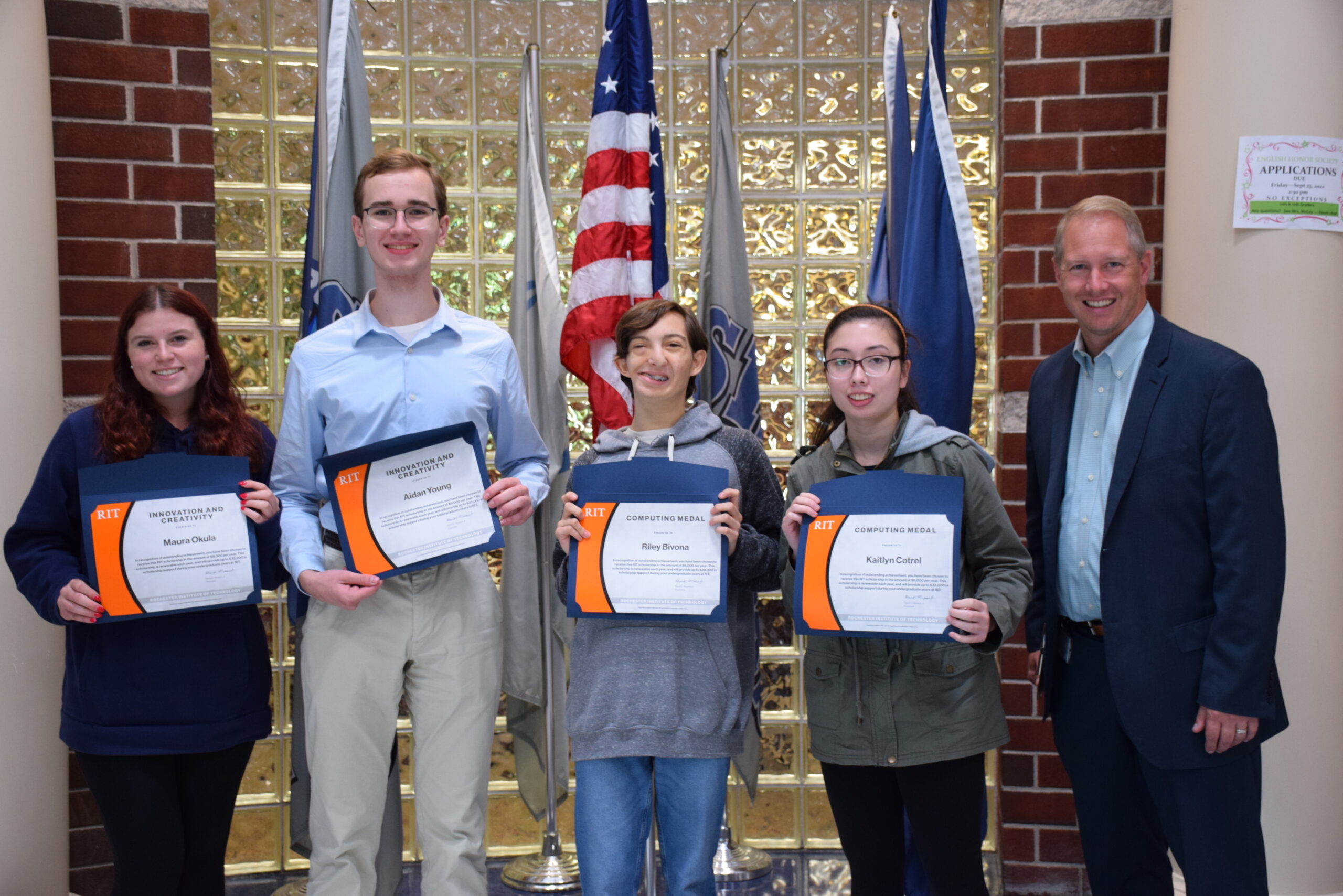Eastport-South Manor seniors recently earned awards from the Rochester Institute of Technology. Maura Okula and Aidan Young received the Innovation and Creativity Award, while Riley Bivona and Kaitlyn Cotrel, earned the RIT Computing Medal Scholarship. Principal Salvatore Alaimo offered his congratulations.  COURTESY EASTPORT-SOUTH MANOR SCHOOL DISTRICT
