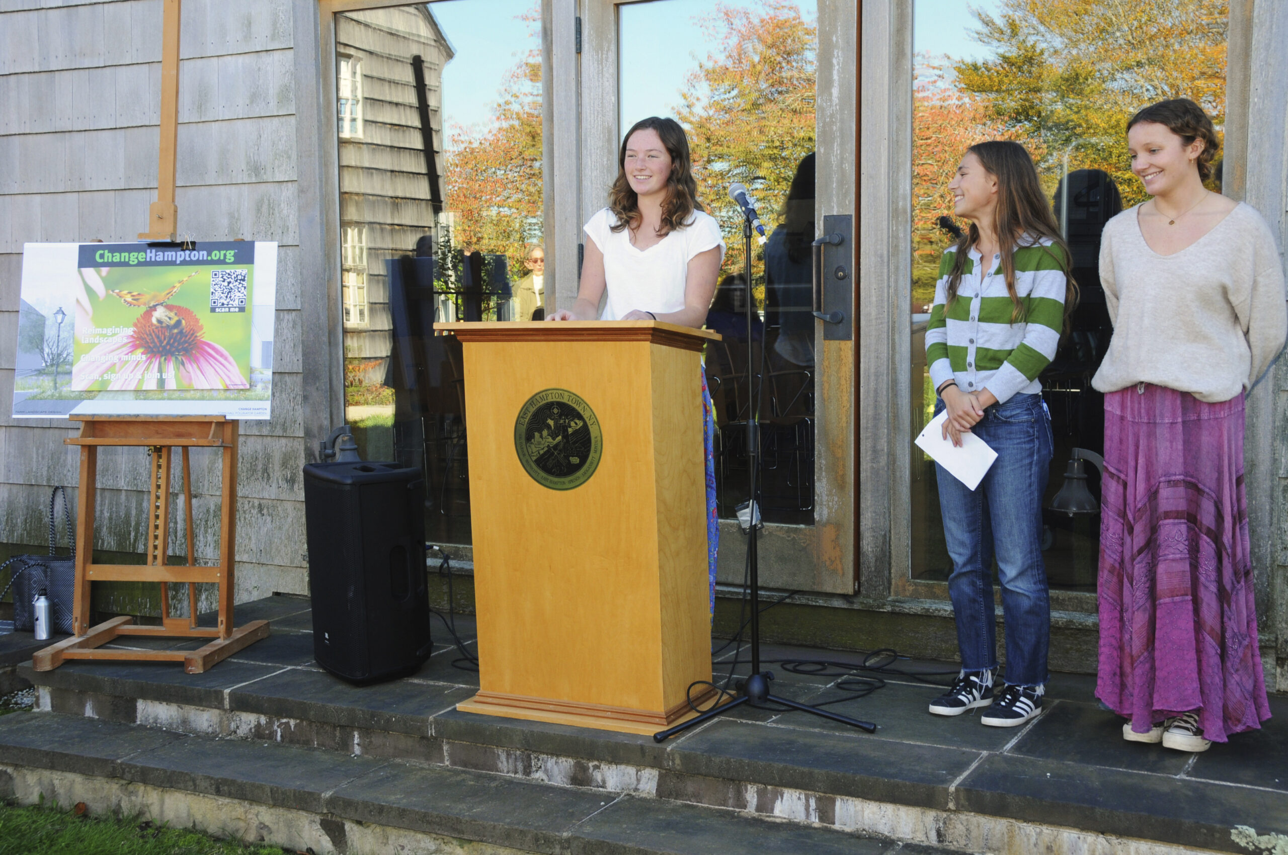 Sadie Cober, Ava Arcoleo and Skye Tanzmann at the groundbreaking to celebrate the launch of a new, 3,000-square-foot community pollinator garden at the main entrance to East Hampton Town Hall on October 27. The new garden, a public-private partnership, was proposed and will be created and maintained by ChangeHampton with the help of community volunteers, including local school students. It was designed by Abby Clough Lawless of Farm Landscape Design. Major funding is being provided by community residents.    RICHARD LEWIN