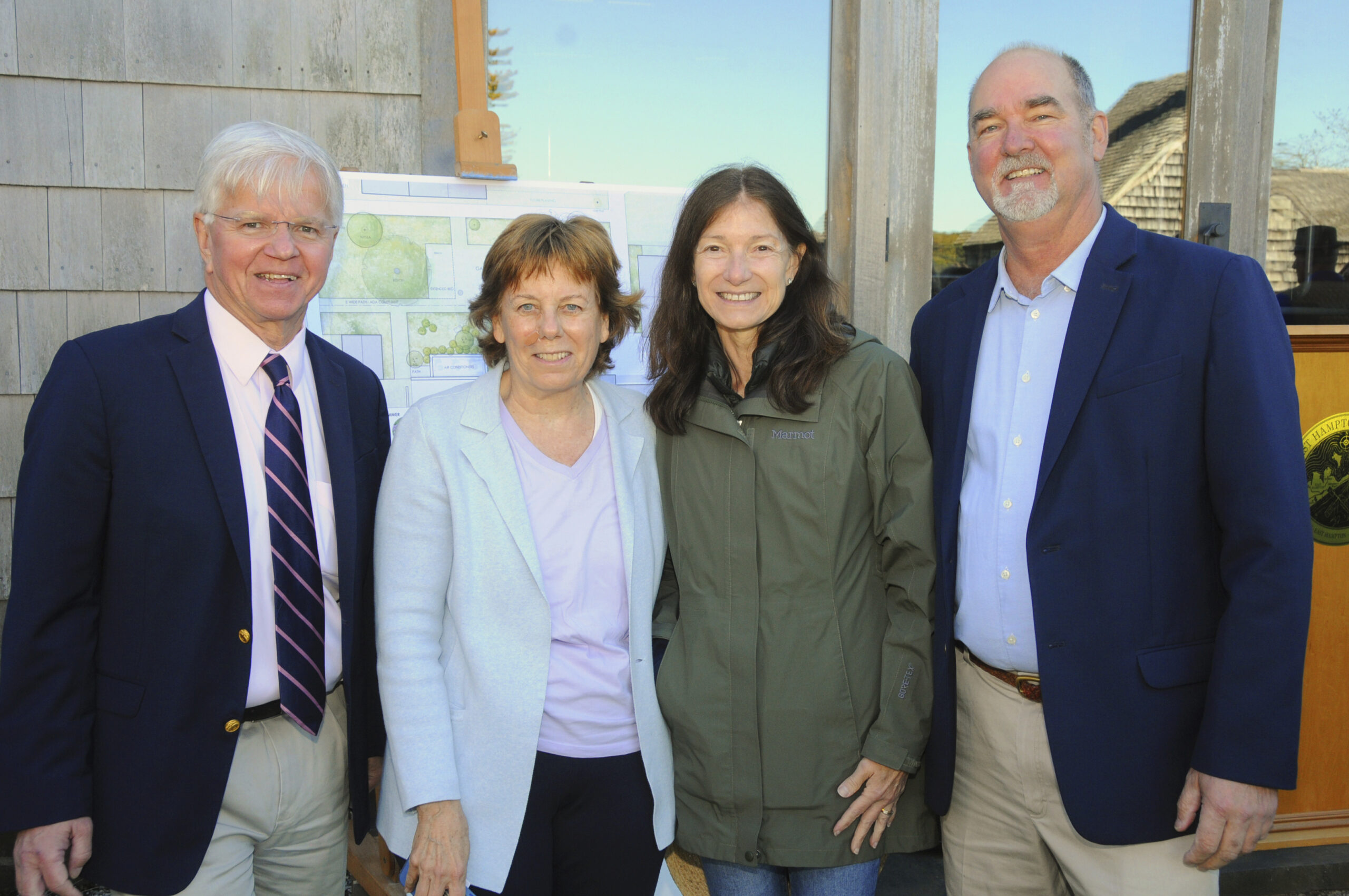 New York State Assemblyman Fred Thiele,Julie Sakellariadis, Beverly Kazickas and East Hampton Town Supervisor Peter Van Scoyoc at the groundbreaking to celebrate the launch of a new, 3,000-square-foot community pollinator garden at the main entrance to East Hampton Town Hall on October 27. The new garden, a public-private partnership, was proposed and will be created and maintained by ChangeHampton with the help of community volunteers, including local school students. It was designed by Abby Clough Lawless of Farm Landscape Design. Major funding is being provided by community residents.    RICHARD LEWIN